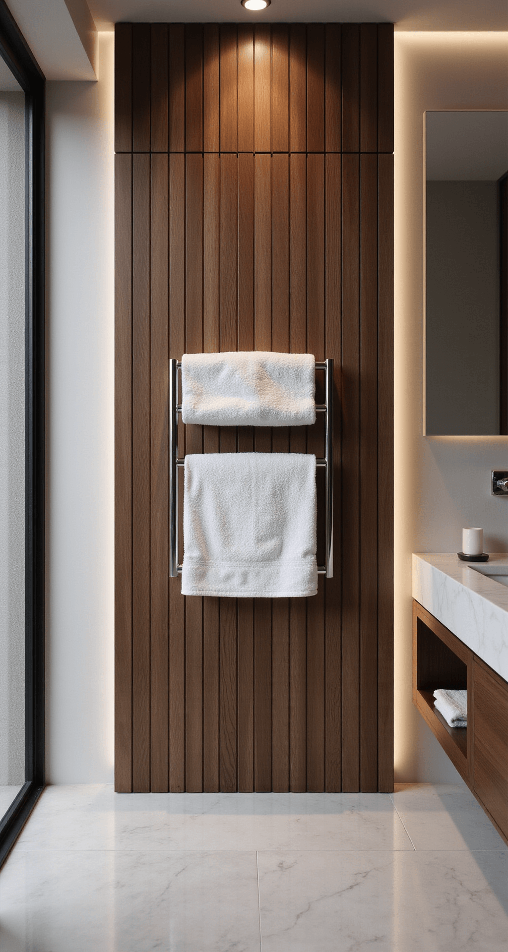 Contemporary luxury bathroom with a teak wooden slat wall holding fluffy white towels, dramatic LED lighting casting vertical shadows, reflective marble flooring, and sleek chrome fixtures; wide-angle shot highlights the contrast and depth.