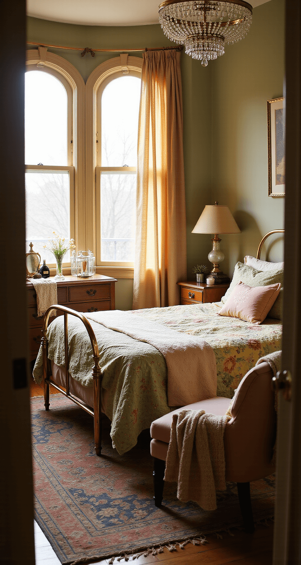 A sunlit Victorian-style bedroom featuring a brass-framed queen bed with floral quilts, ornate wooden dresser adorned with vintage perfumes, a blush velvet armchair draped with crocheted throws, and a Persian rug beneath a sparkling chandelier, all captured during golden hour.