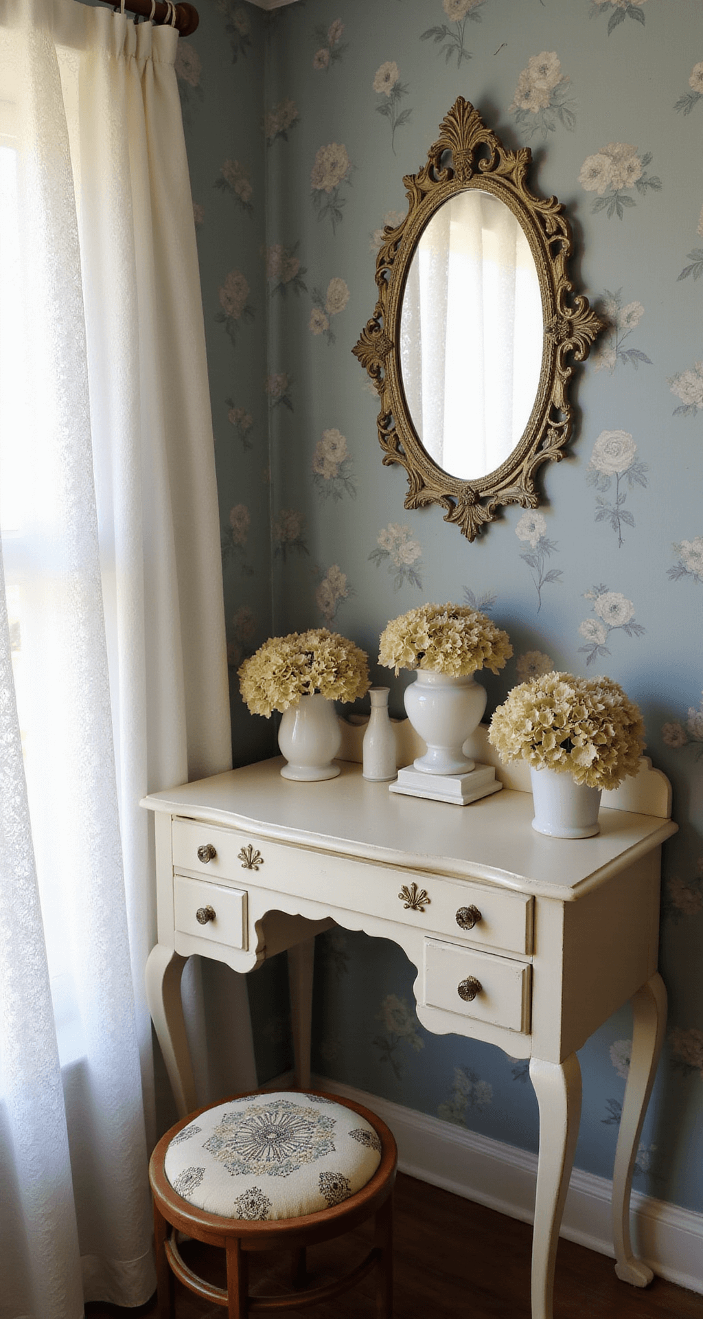 A cozy granny chic bedroom corner with a creamy white antique vanity displaying milk glass vases of dried hydrangeas, bathed in soft morning light filtering through sheer curtains, reflecting off a vintage oval mirror and wallpapered walls adorned with a delicate dusty blue rose pattern. An embroidered cushion on a carved wooden stool enhances the room's texture.