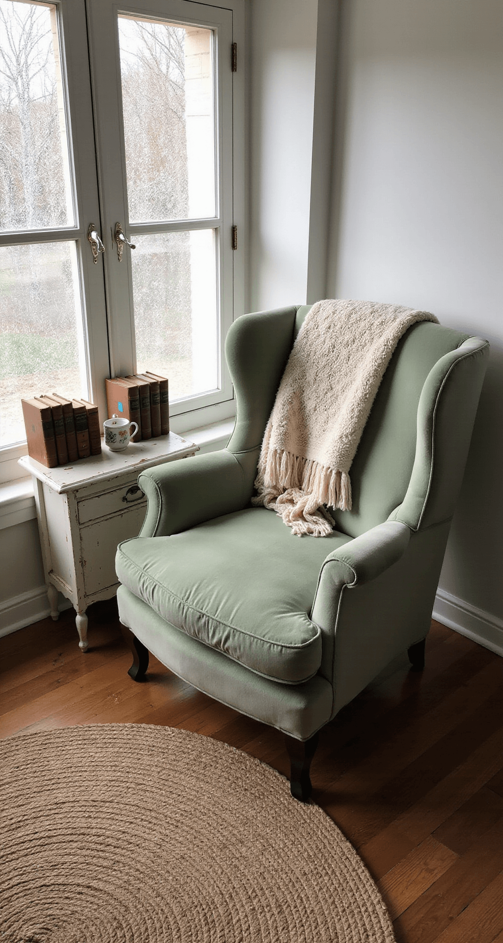 Overhead view of a cozy reading nook in a 10x10ft bedroom alcove featuring a sage green velvet wingback chair with a cream wool throw, a distressed white side table with leather-bound books and a porcelain teacup, and a braided jute rug over hardwood floors, bathed in dappled afternoon light through vintage lace panels.