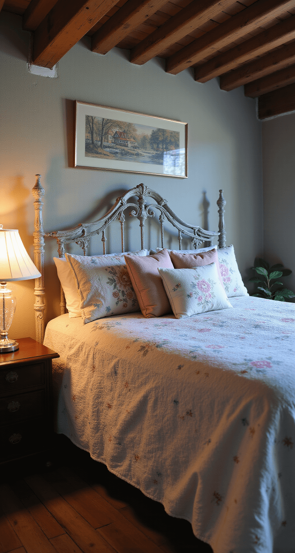 Low-angle shot of an heirloom bed with an ornate white iron headboard adorned with vintage botanical needlepoint pillows. The log cabin quilt in soft pinks, blues, and creams is draped across the bed. A crystal bedside lamp with a pleated silk shade emits a warm glow against the textured 10ft walls and wooden ceiling beams, captured during blue hour for a moody atmosphere.