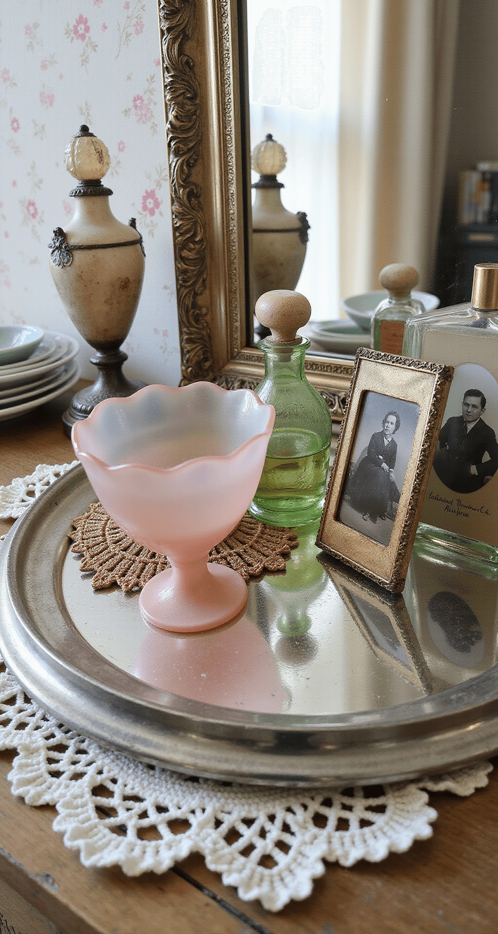 Detail view of a dresser top featuring a vintage silver-plated mirror tray adorned with pale pink and green Depression glass, antique perfume bottles, and family photographs in ornate frames, layered over hand-crocheted doilies, all illuminated by soft early morning light against a small-scale floral wallpaper background.
