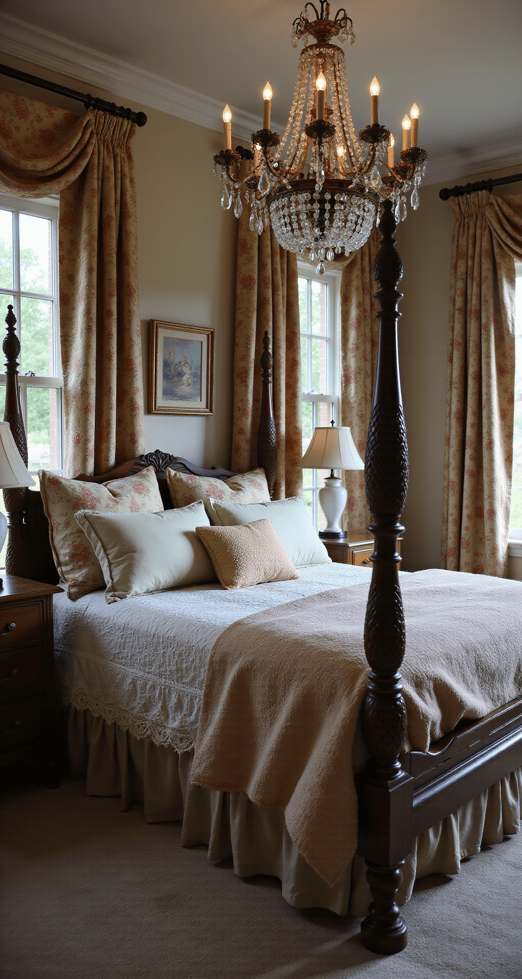 Wide shot of a twilight primary bedroom featuring a statement chandelier, a four-poster bed with vintage linens and floral pillows, French provincial nightstands with milk glass lamps, and heavy damask curtains.