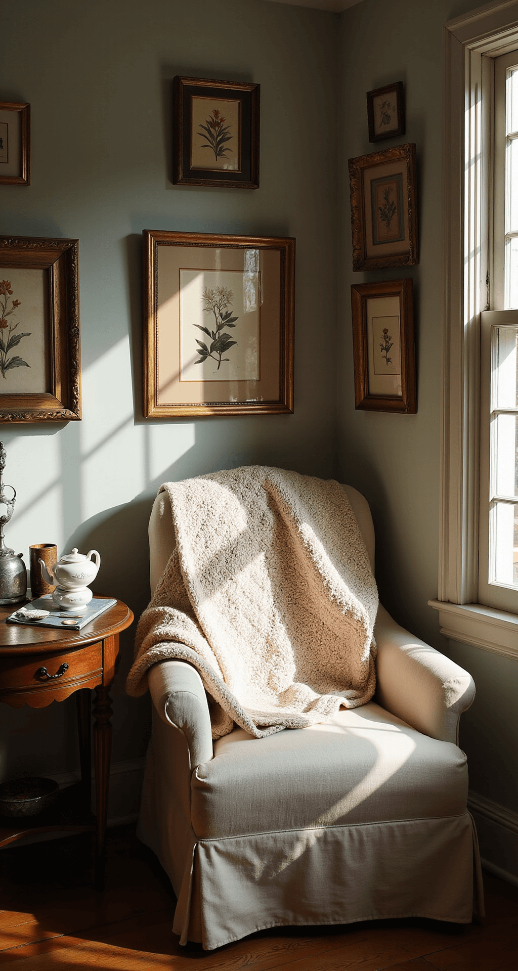 An intimate corner featuring a worn armchair inherited from a grandmother, draped with a handmade granny square afghan, beside a side table showcasing tarnished silver frames and a bone china teacup, with vintage botanical prints in gilded frames above, all illuminated by warm afternoon sunlight.