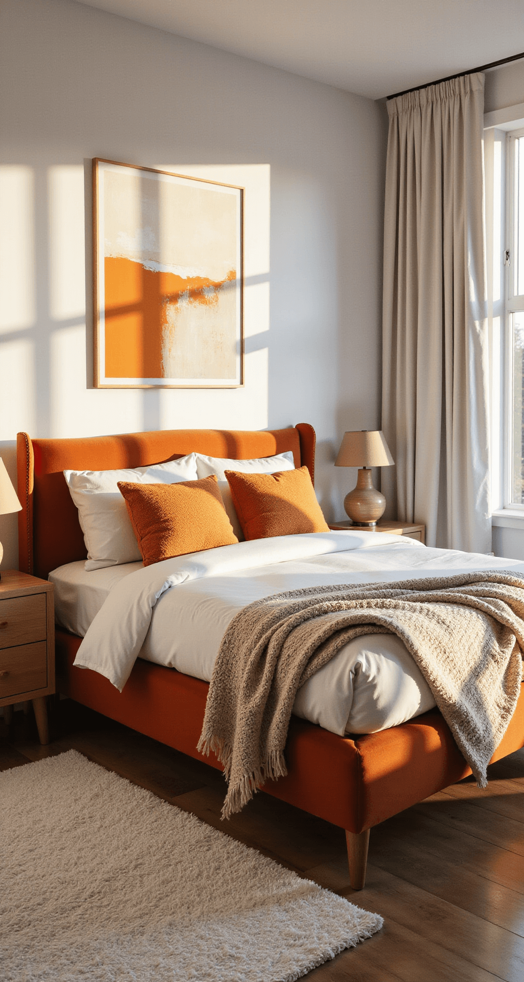 Modern bedroom with burnt orange velvet bed and golden hour sunlight from large windows, featuring white walls, layered bedding, natural wood nightstands, and abstract artwork.