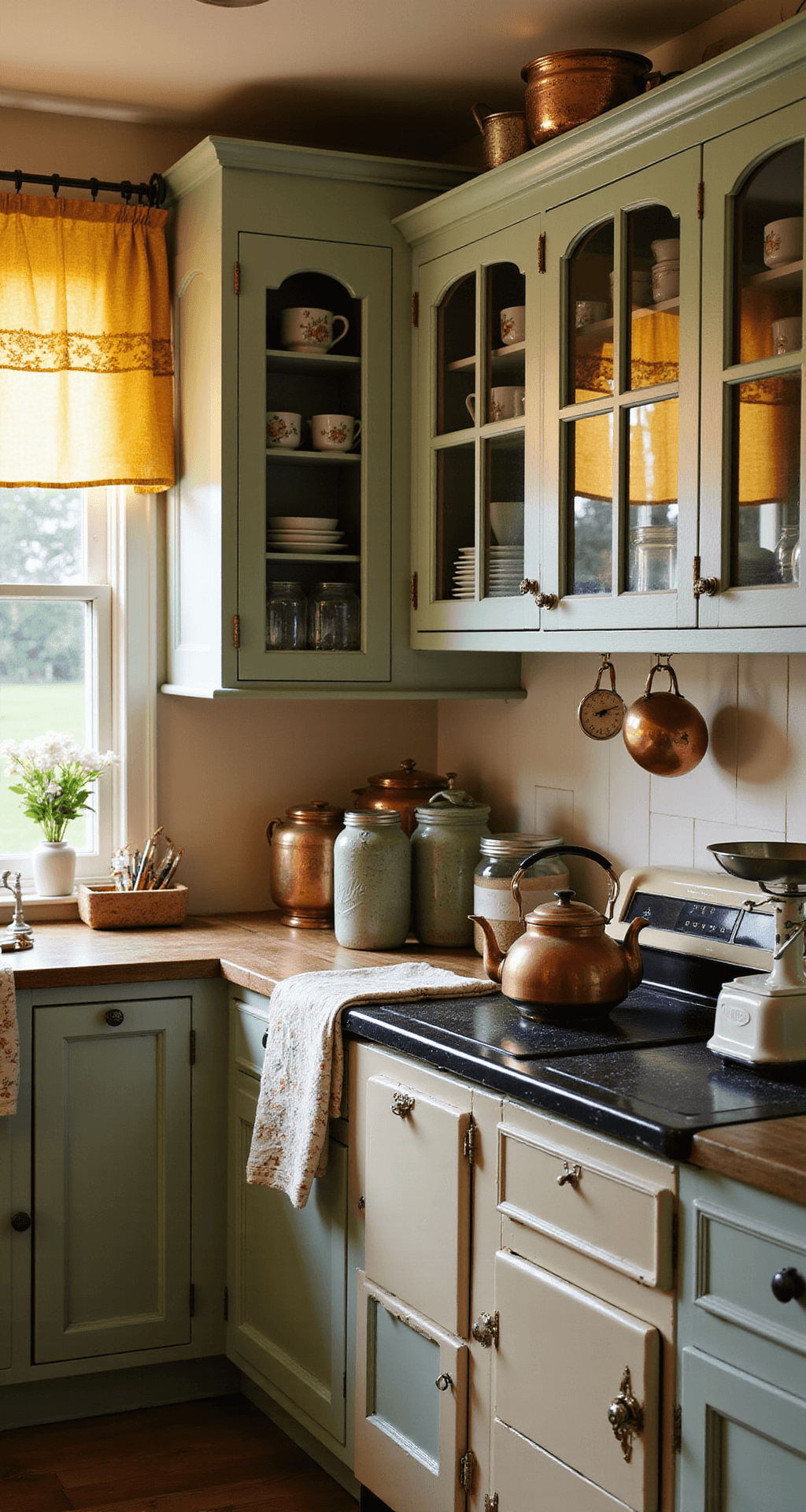 A sunlit farmhouse kitchen with mint-green cabinets displaying teacups, copper pots hanging from a ceiling rack, and mustard yellow floral curtains framing windows. A cream antique stove holds a whistling kettle, surrounded by weathered wooden countertops adorned with mason jars and a retro scale. Soft shadows play across quilted trivets and embroidered tea towels, highlighting vintage elements.