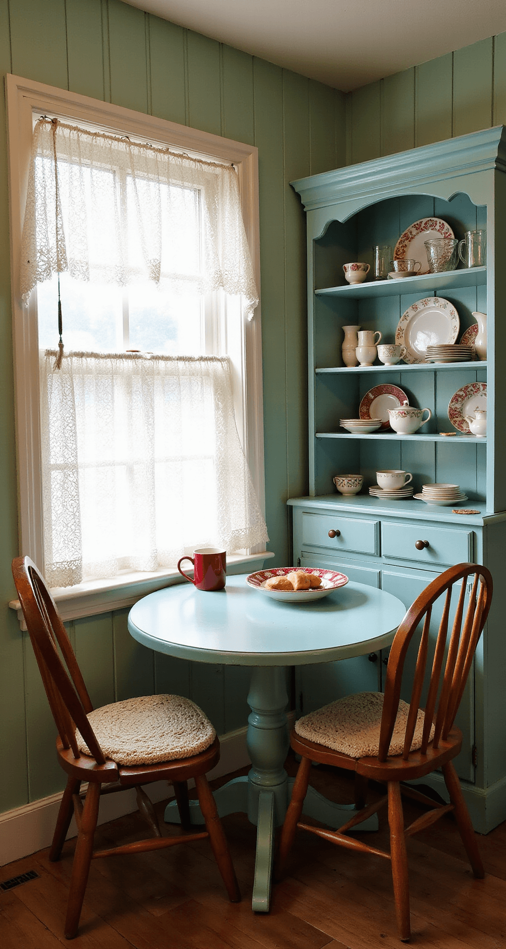 Interior shot of a cozy kitchen nook featuring sage green beadboard walls and a vintage powder blue formica table surrounded by mismatched wooden chairs with hand-crocheted cushions. A corner hutch showcases china plates and depression glass, with lace cafe curtains allowing dappled sunlight over a gingham tablecloth, creating an intimate breakfast scene.
