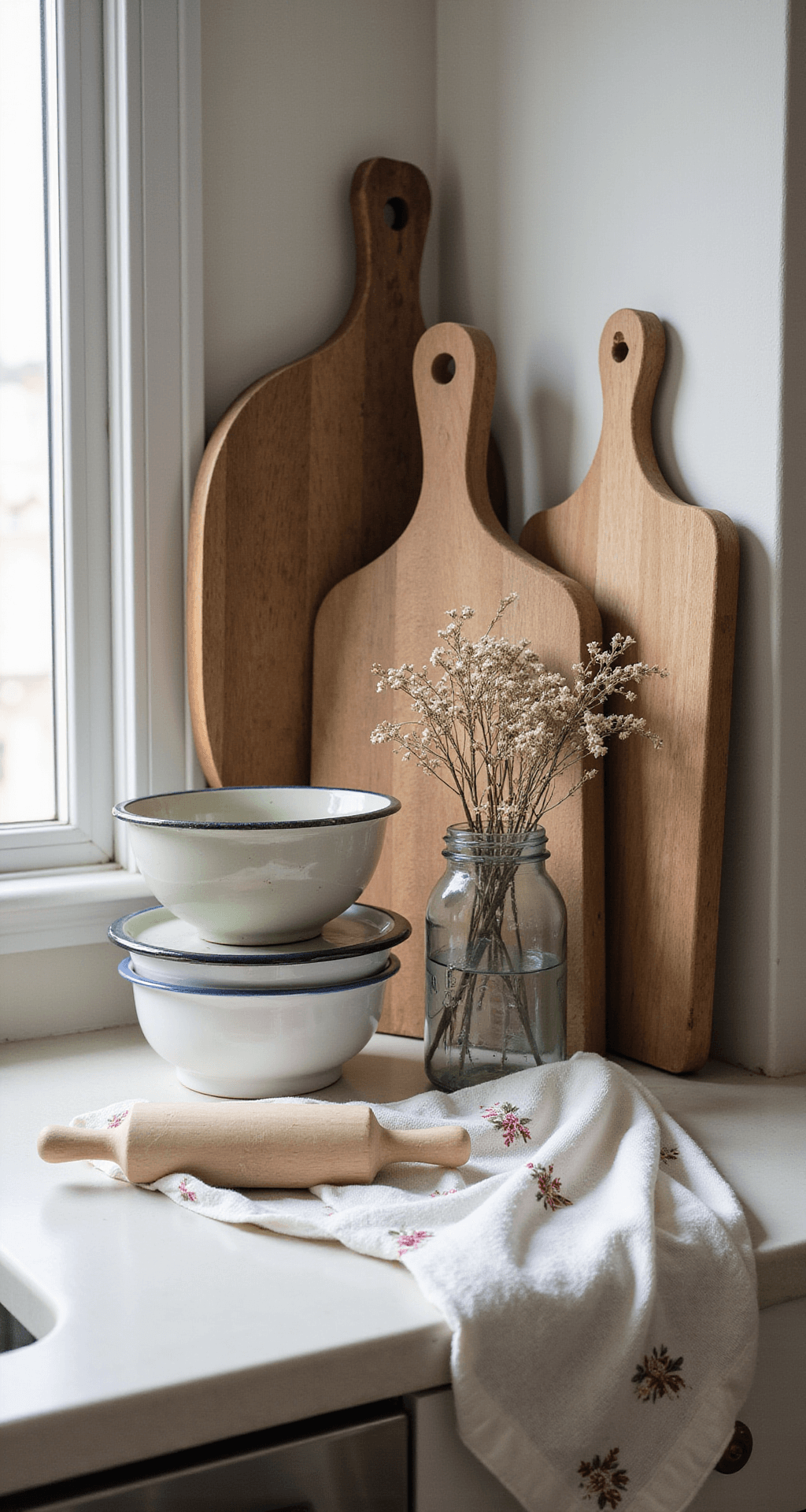 Detail view of a 6ft kitchen countertop vignette featuring layered wooden cutting boards, pastel enamelware bowls, a vintage flour sifter, a rolling pin, dried flowers in mason jars, and embroidered linens, with morning light creating soft shadows.