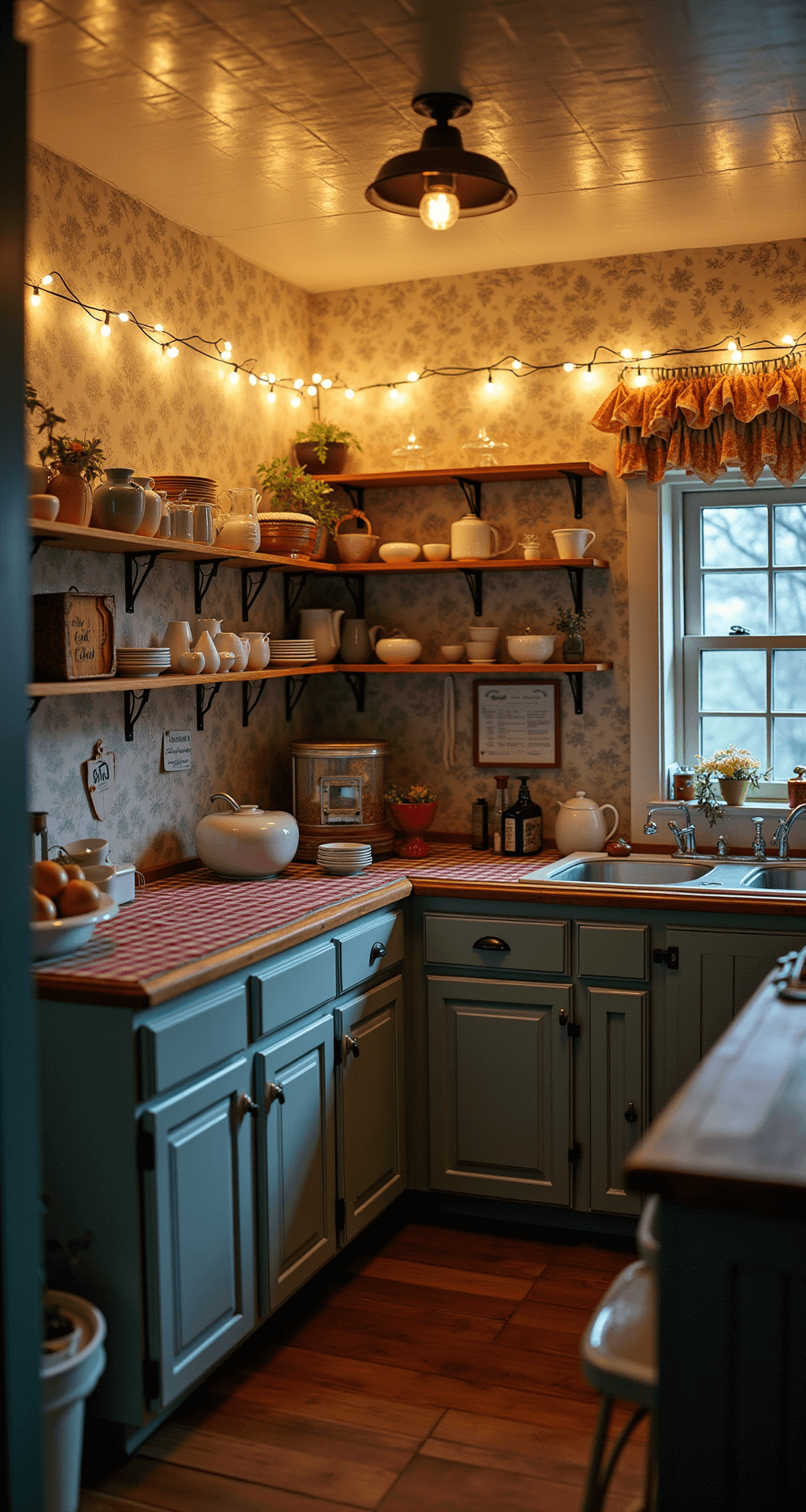 A cozy twilight kitchen measuring 14x16ft, featuring twinkling string lights above open shelving filled with milk glass. Muted floral wallpaper adorns the walls up to a pressed tin ceiling, with a vintage Hoosier cabinet on the far wall surrounded by framed family recipes. The space showcases a mix of patterns and warm artificial lighting, creating an intimate atmosphere with highlights on metallic accents, captured from a slightly elevated angle to emphasize depth.
