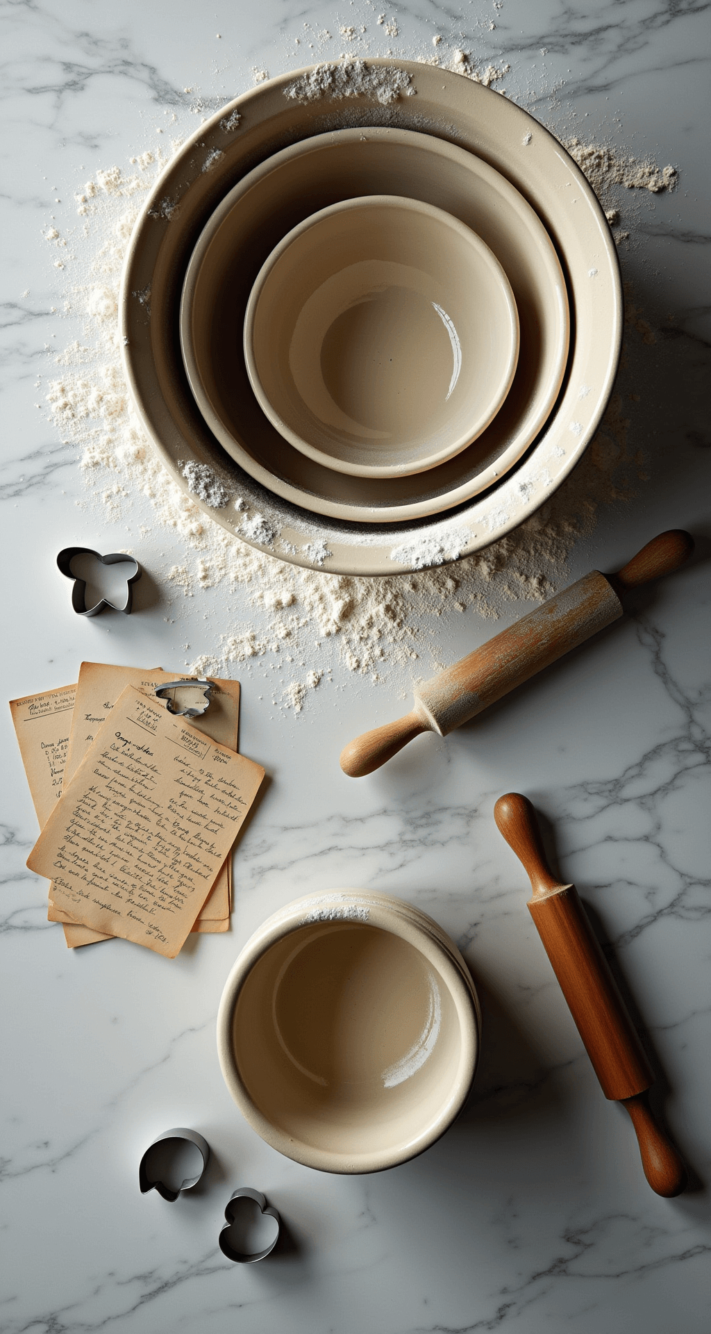 Overhead view of a styled 8ft kitchen island with a marble surface dusted with flour, vintage ceramic mixing bowls, antique rolling pins, and cookie cutters, accompanied by grandmother's handwritten recipe cards and a stoneware crock, illuminated by cool morning light from a skylight.