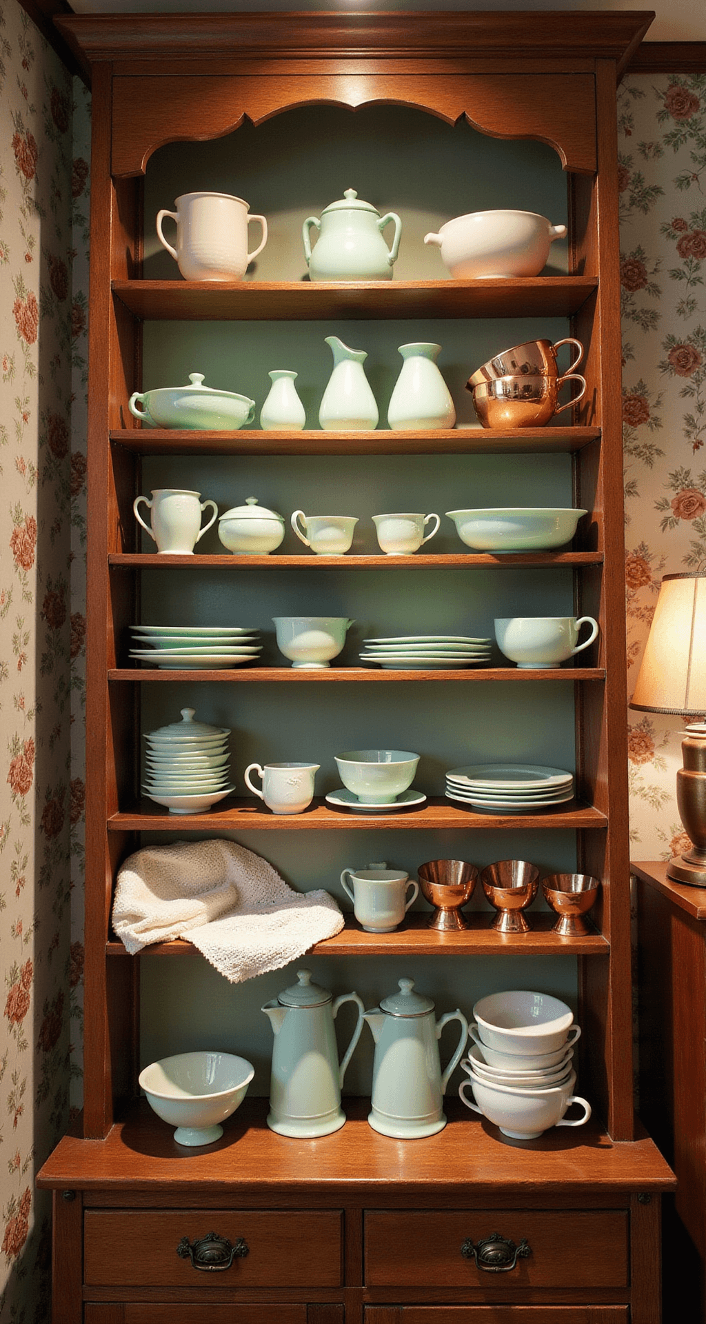 Eye-level view of a 5ft wide open shelving unit at dusk, featuring curated collections of jadeite dishes, carnival glass, and ceramic pudding molds, with copper measuring cups illuminated by warm lamp light. Doilies drape between levels, and the soft-focus background reveals vintage rose-patterned wallpaper, while artificial lighting highlights key collections with a warm glow.