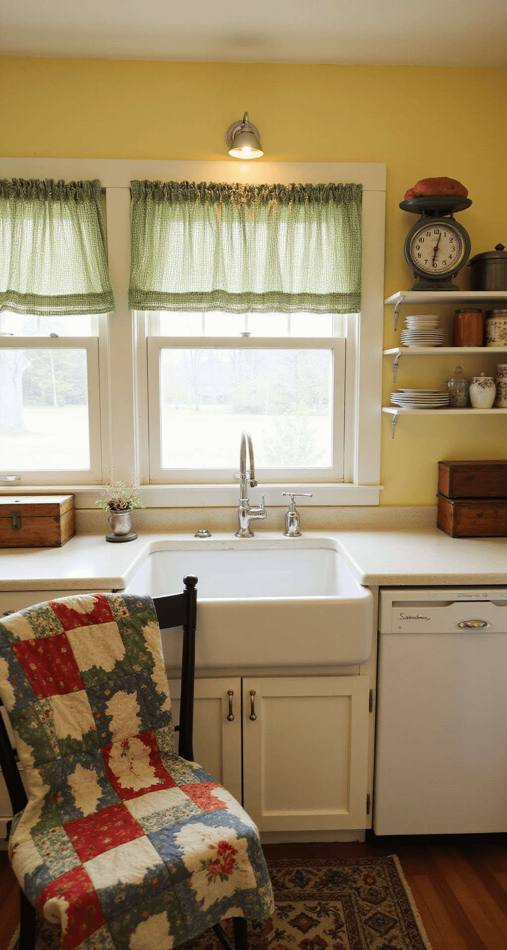Wide-angle view of a cozy kitchen featuring butter yellow walls, white cabinetry with glass knobs, and gingham curtains framing a farmhouse sink. Open shelving displays vintage kitchenware, while handmade quilts add a charming touch to the chairs. Natural light creates a warm, inviting atmosphere.