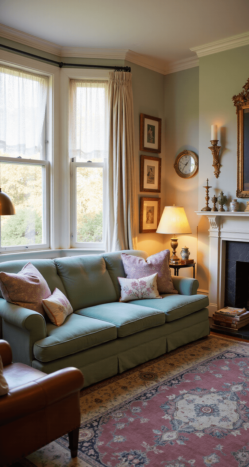 Sunlit living room with mint-green velvet sofa, floral pillows, vintage brass lamp, leather armchair, and Persian rug, adorned with a gallery of gilded frames and a bay window, captured in warm golden hour light.