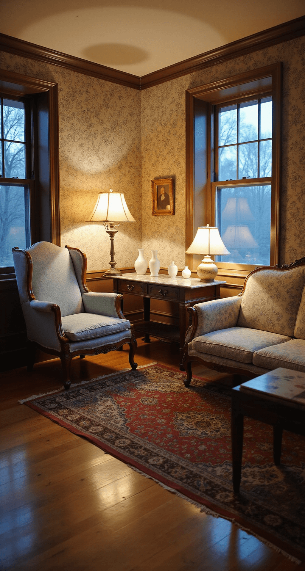 Cozy parlor at dusk with vintage lamps, dusty blue wingback chair and settee, marble-topped side table with milk glass vases, toile-patterned wallpaper, and layered vintage rugs.