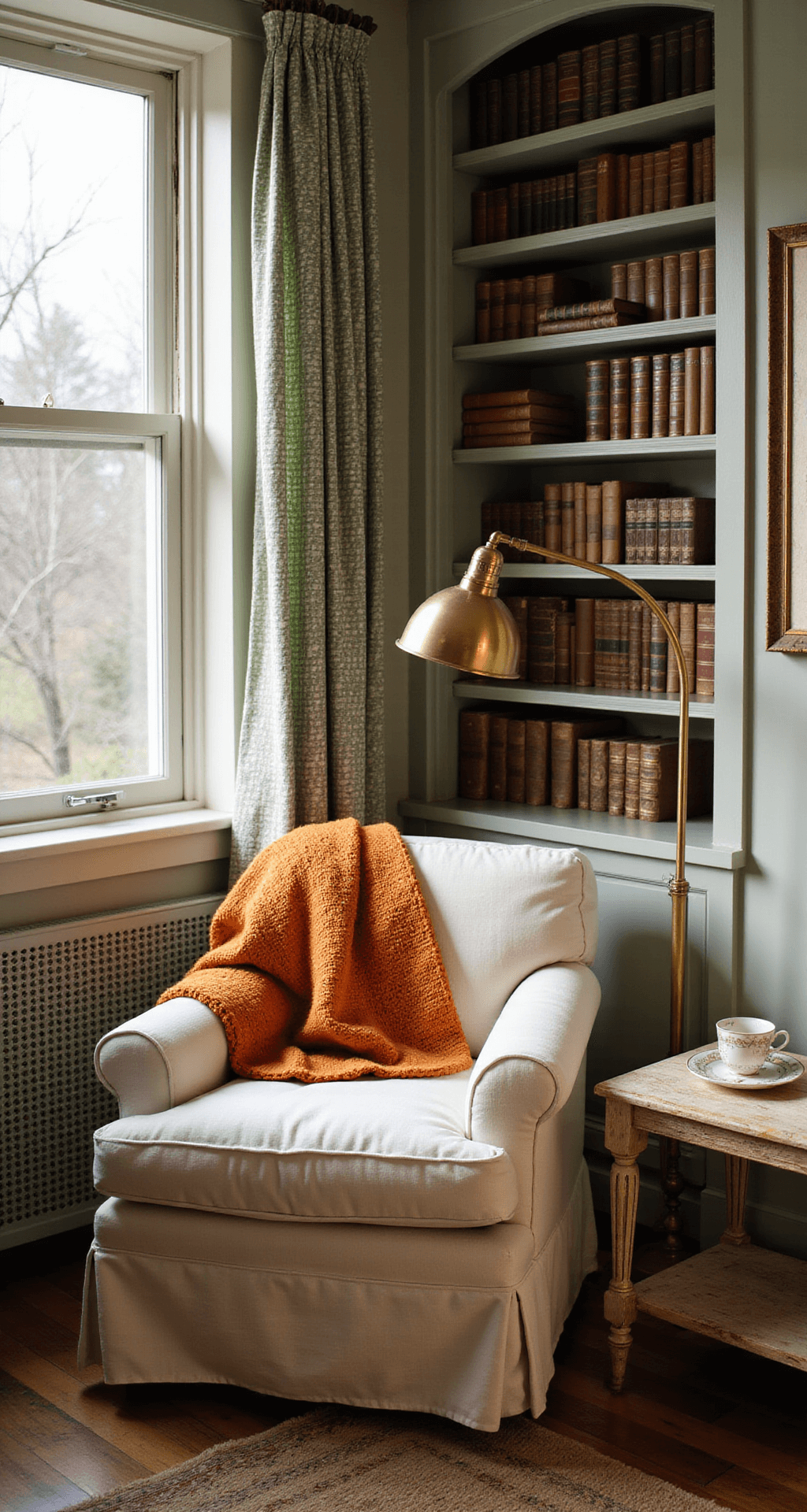 Cozy corner reading nook in a 10x12ft room, featuring an oversized linen armchair with a sunset-colored afghan, an arched brass floor lamp, a built-in bookshelf filled with leather-bound books, sage green gingham curtains filtering sunlight, and a distressed wooden side table with a vintage teacup collection.