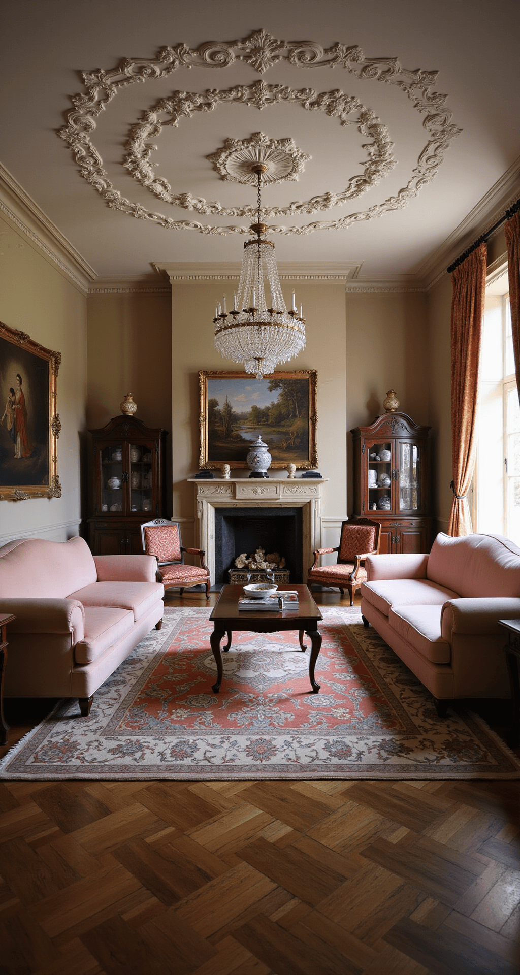 A spacious twilight living area featuring a medallion ceiling with a crystal chandelier, two blush pink velvet sofas, cane-backed chairs, ornate oil paintings, herringbone hardwood floors with layered Oriental rugs, and a glass-front cabinet displaying Chinese porcelain.