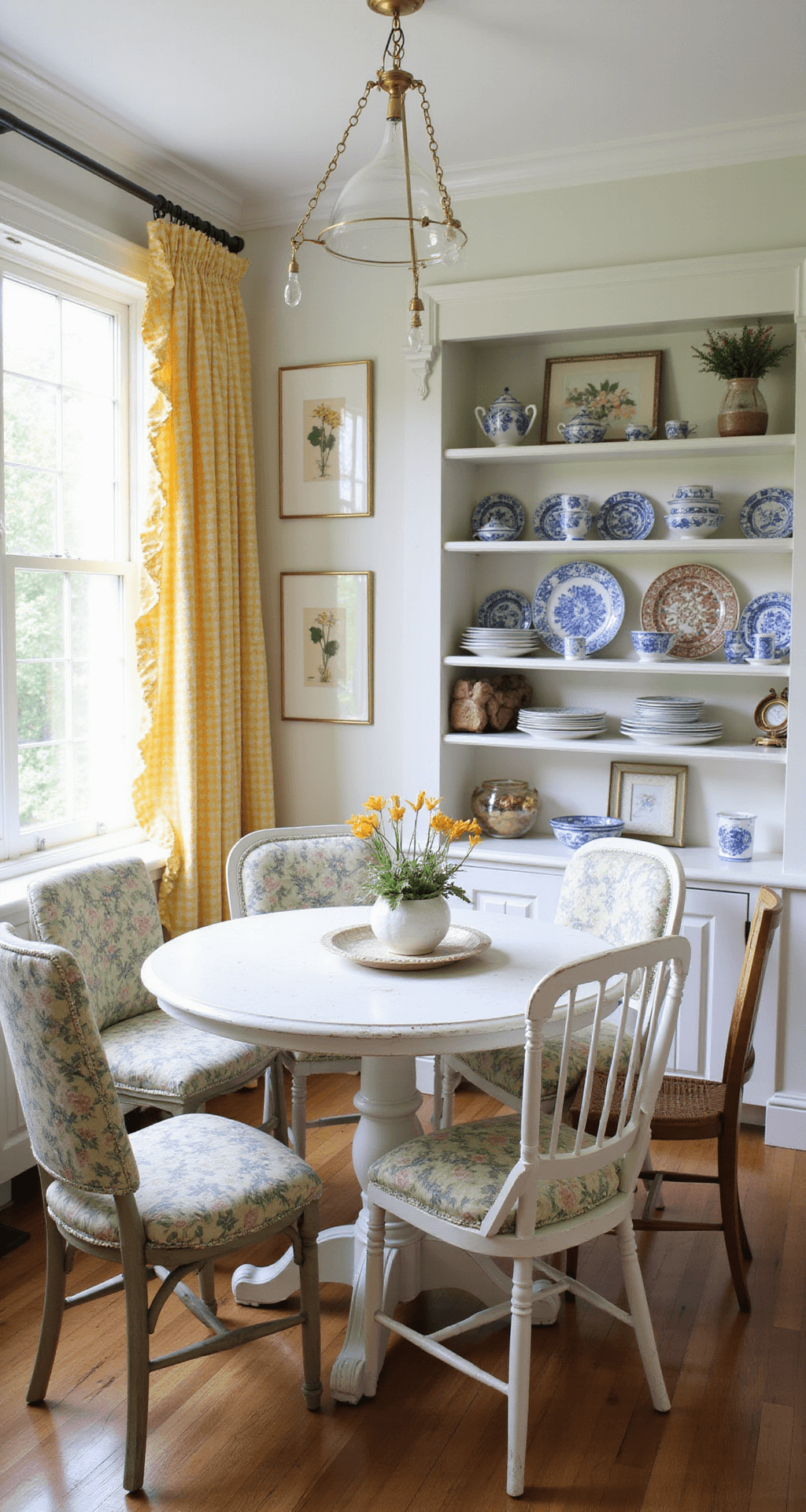 Breakfast nook with a round pedestal table in distressed white surrounded by floral-printed chairs, illuminated by morning light from a bay window. Close-up of table styling featuring blue and white china, with botanical prints and yellow gingham curtains in the background.