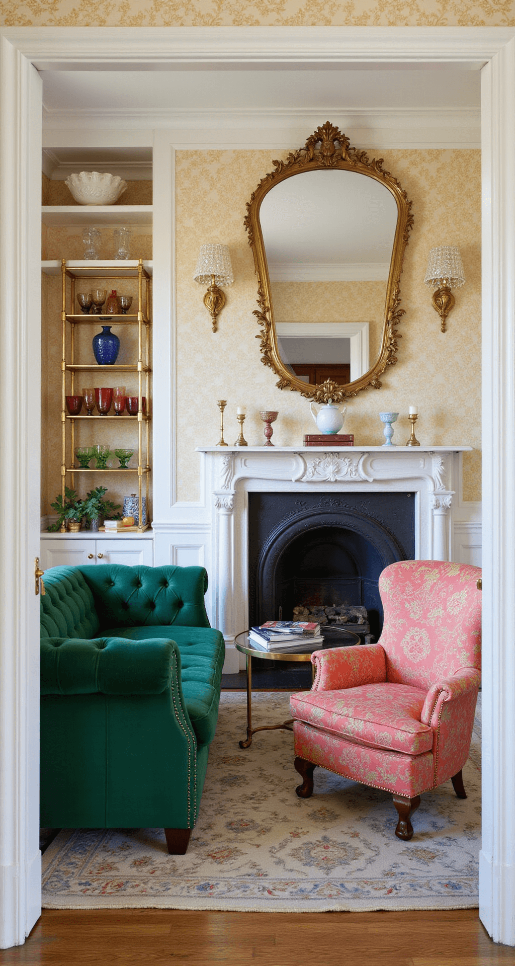 A bright midday scene in a 12x15ft sitting room featuring an emerald velvet tufted chesterfield and a coral chintz reupholstered bergère chair. A brass étagère showcases a colorful glass collection, against a backdrop of cream and gold damask wallpaper. Crystal sconces frame a marble fireplace, with an antique mirror above the mantel reflecting natural light, all viewed from the doorway to capture the room's spacious yet cozy atmosphere.