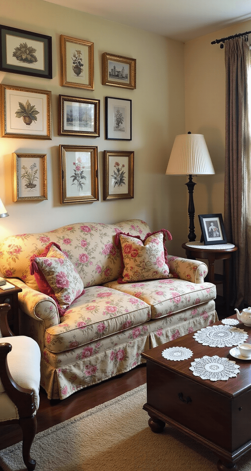Cozy den featuring a rose floral print sofa with needlepoint pillows, a gallery wall of vintage botanical prints in gold frames, crocheted doilies on dark wood side tables, and an antique secretary desk displaying family photos, all bathed in warm natural and artificial light.