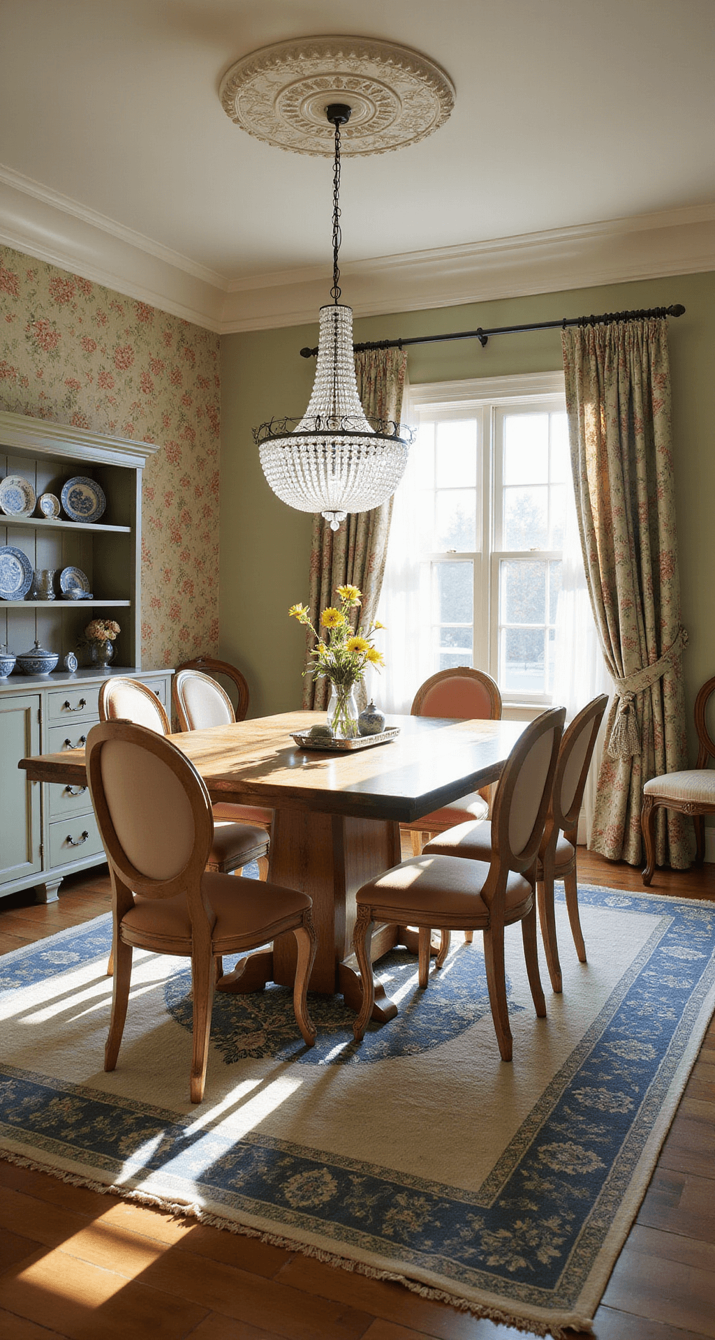 A sunlit dining room featuring a weathered oak farmhouse table surrounded by mismatched vintage chairs, with floral wallpaper, a crystal-cut pendant light, and a china cabinet displaying Blue Willow plates. Warm afternoon light filters through lace curtains, highlighting layered Persian and crocheted rugs.