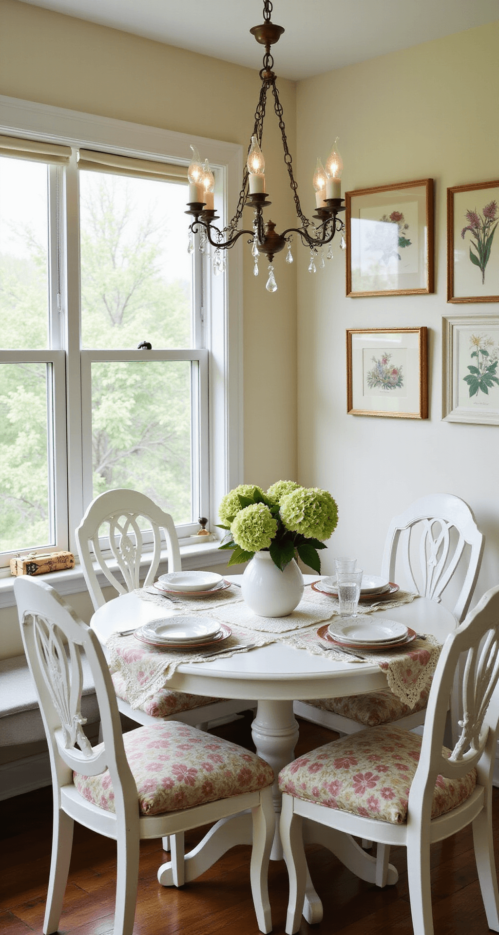 A cozy breakfast nook featuring a round pedestal table surrounded by white-painted wooden chairs with gingham and floral cushions, adorned with milk glass vases of fresh hydrangeas. The tabletop is decorated with vintage doilies and an embroidered runner, against butter cream walls adorned with botanical prints. A brass chandelier with glass drops hangs overhead, with warm morning light streaming in through bay windows.