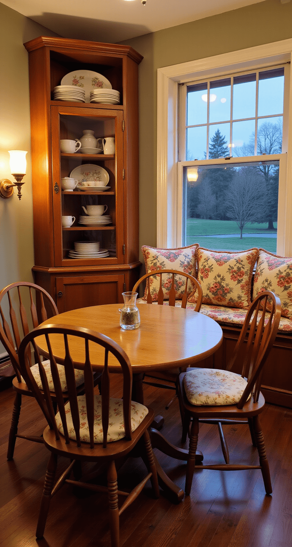 Cozy dining nook at dusk featuring an antique pine table, spindle-back chairs with cottage print cushions, and a built-in corner cabinet displaying china, illuminated by warm brass sconces.