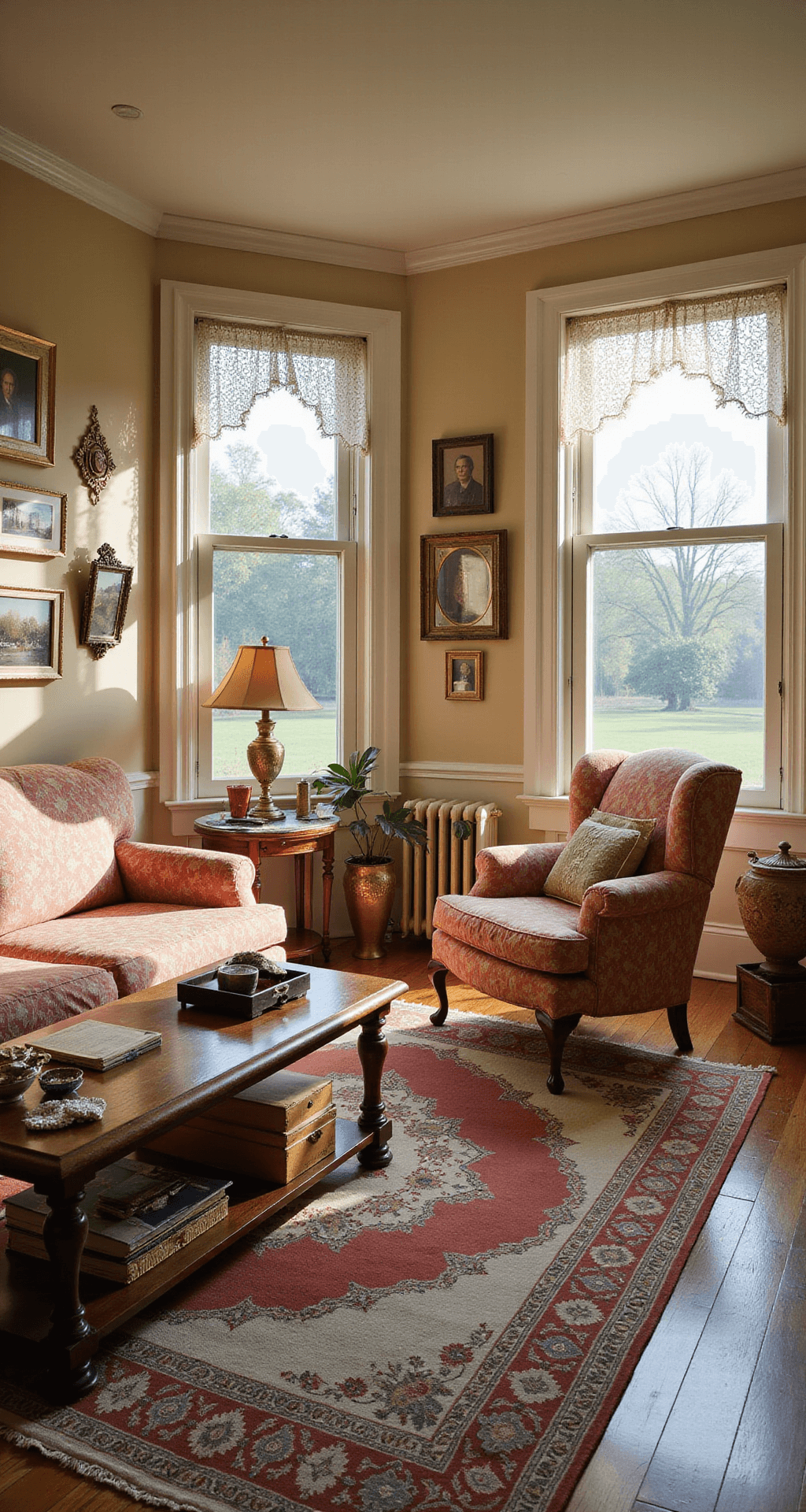 A cozy sunlit living room featuring bay windows, Victorian-era armchair in faded rose chintz, weathered oak coffee table, and an array of family photos in brass frames on a gallery wall; adorned with ivory crocheted doilies and layered rugs in coral and sage, all bathed in warm golden hour light and soft lamp illumination.