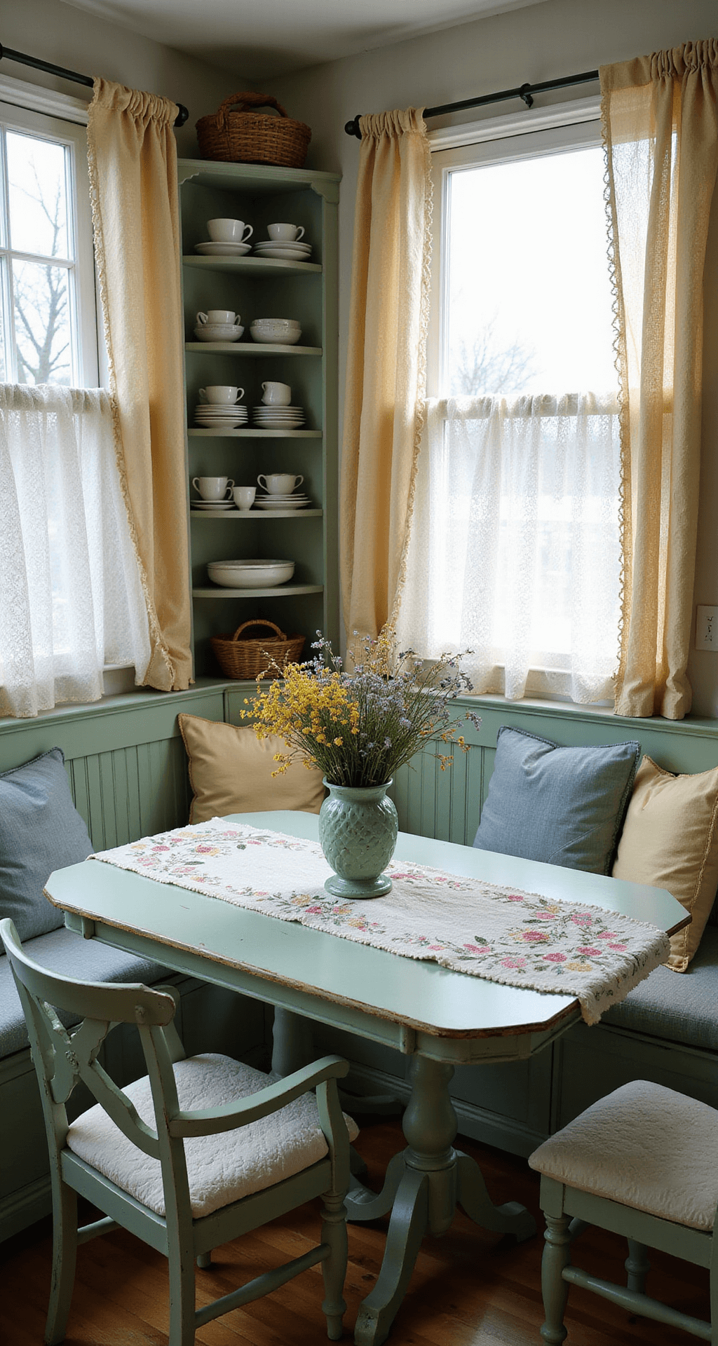Cozy breakfast nook featuring built-in bench seating and a distressed mint green table adorned with a hand-embroidered tablecloth and wildflowers in a Depression glass vase, all illuminated by morning light through lace curtains.