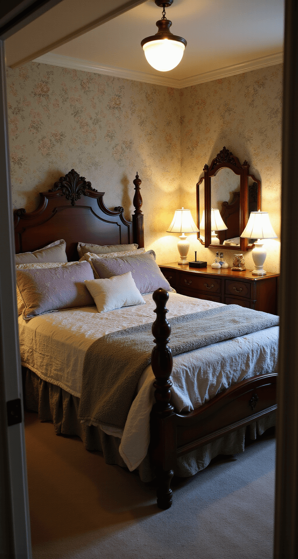 A cozy master bedroom at dusk, featuring a carved wooden bed with layered vintage quilts in lavender, cream, and sage, alongside an antique vanity with a trifold mirror reflecting warm lamplight. The room is adorned with floral wallpaper in muted rose and green, captured from the doorway with a shallow depth of field for a dreamy effect.