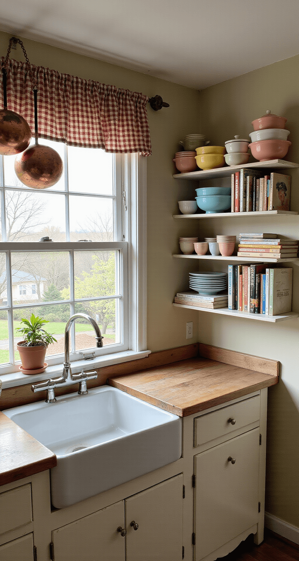 A cozy kitchen corner with floor-to-ceiling open shelving displaying pastel vintage Pyrex, ceramic mixing bowls, and old cookbooks, framed by gingham curtains above a porcelain farmhouse sink. Copper pots hang from a ceiling rack, while a well-used butcher block counter adds warmth to the scene, all captured from a low angle to highlight verticality.