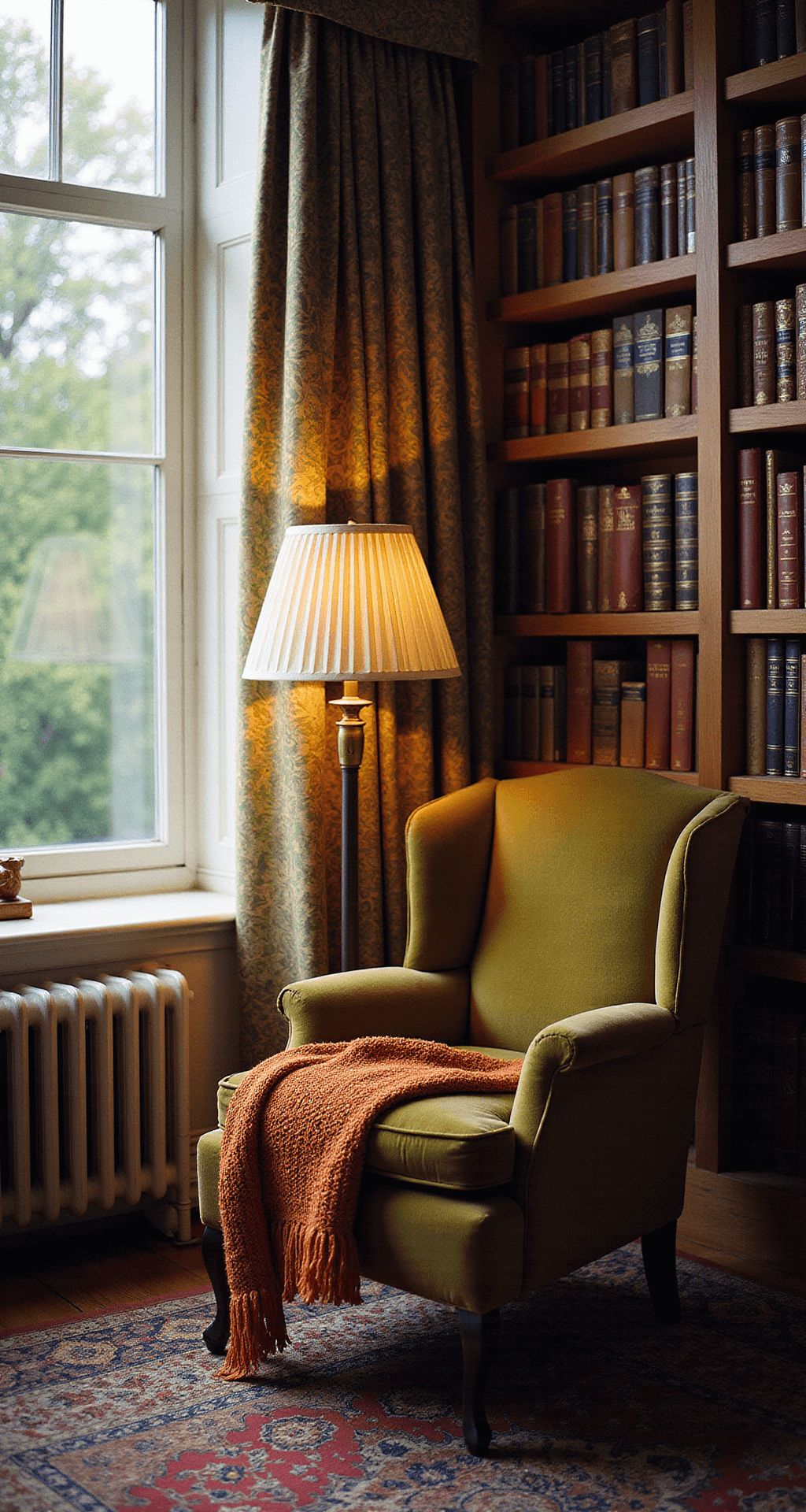 A cozy reading corner in a 10x12ft study, featuring a velvet olive green wingback chair with a colorful hand-knit afghan, warm light from a brass floor lamp, and floor-to-ceiling bookshelves filled with cloth-bound books, all illuminated by soft afternoon light filtering through botanical print curtains.