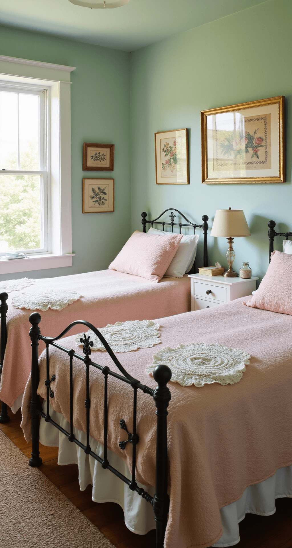 A cozy guest bedroom filled with morning light, showcasing twin iron-framed beds with matching pale pink chenille bedspreads. White nightstands topped with handmade doilies sit beside the beds. The walls, painted soft mint green, feature cross-stitch samplers and botanical prints in gold frames. A braided rag rug anchors the room, captured from a corner with a wide-angle lens.