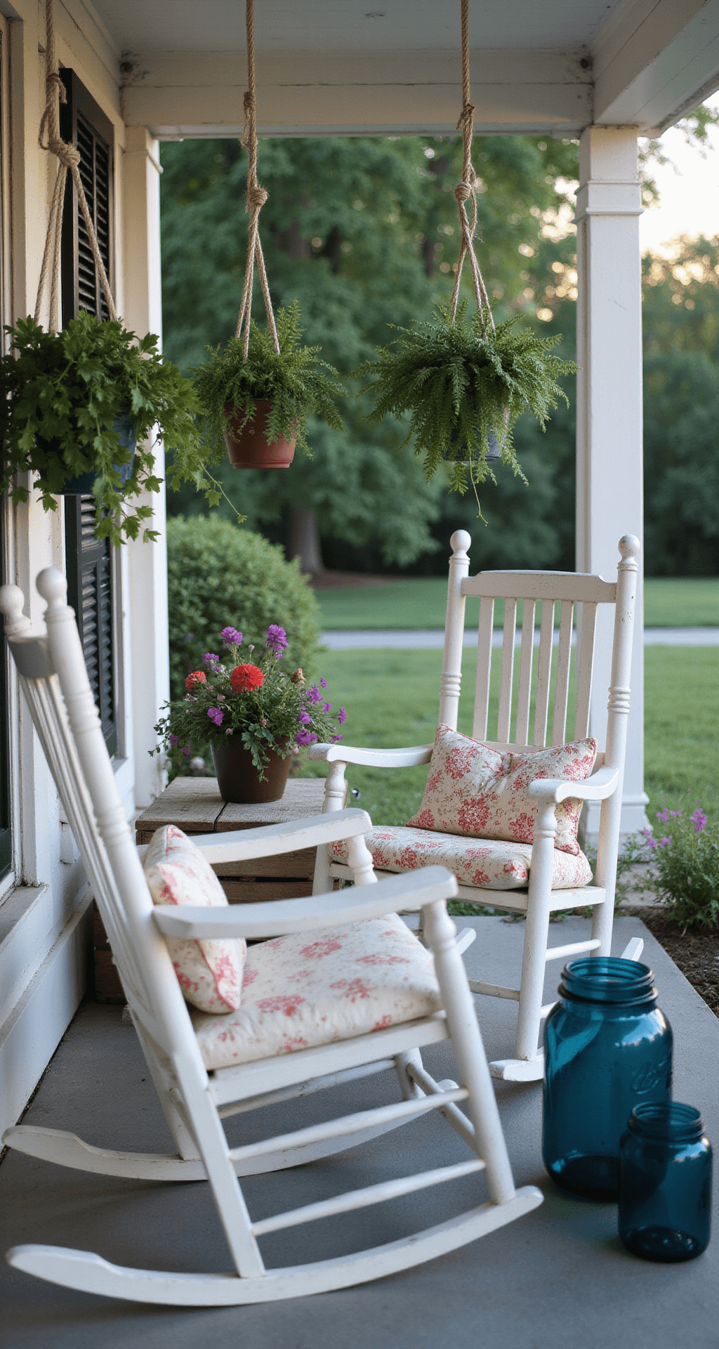 A serene covered porch featuring whitewashed rocking chairs with quilted cushions, overlooking a lush cottage garden. Macramé plant hangers hold trailing pothos and ferns, while blue Ball mason jars glimmer in the evening light. A weathered wooden side table showcases a vintage enamelware pitcher filled with fresh-cut flowers, all captured during blue hour with a dreamy bokeh effect in the background.