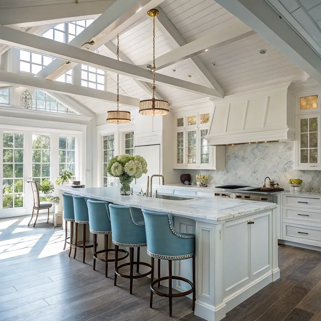 A sunlit coastal farmhouse kitchen with a large white marble breakfast bar, supported by classic columns and surrounded by duck-egg blue barstools, under exposed whitewashed beams.