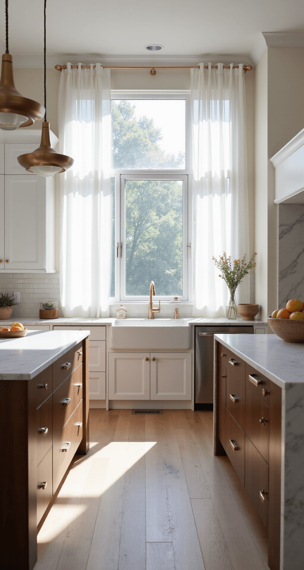 A modern kitchen featuring rich walnut lower cabinets and white upper cabinets, with a marble waterfall island and brass pendant lights. Morning sunlight illuminates the space through sheer curtains, highlighting wide-plank white oak flooring and a textured backsplash, captured from the entrance at eye-level.