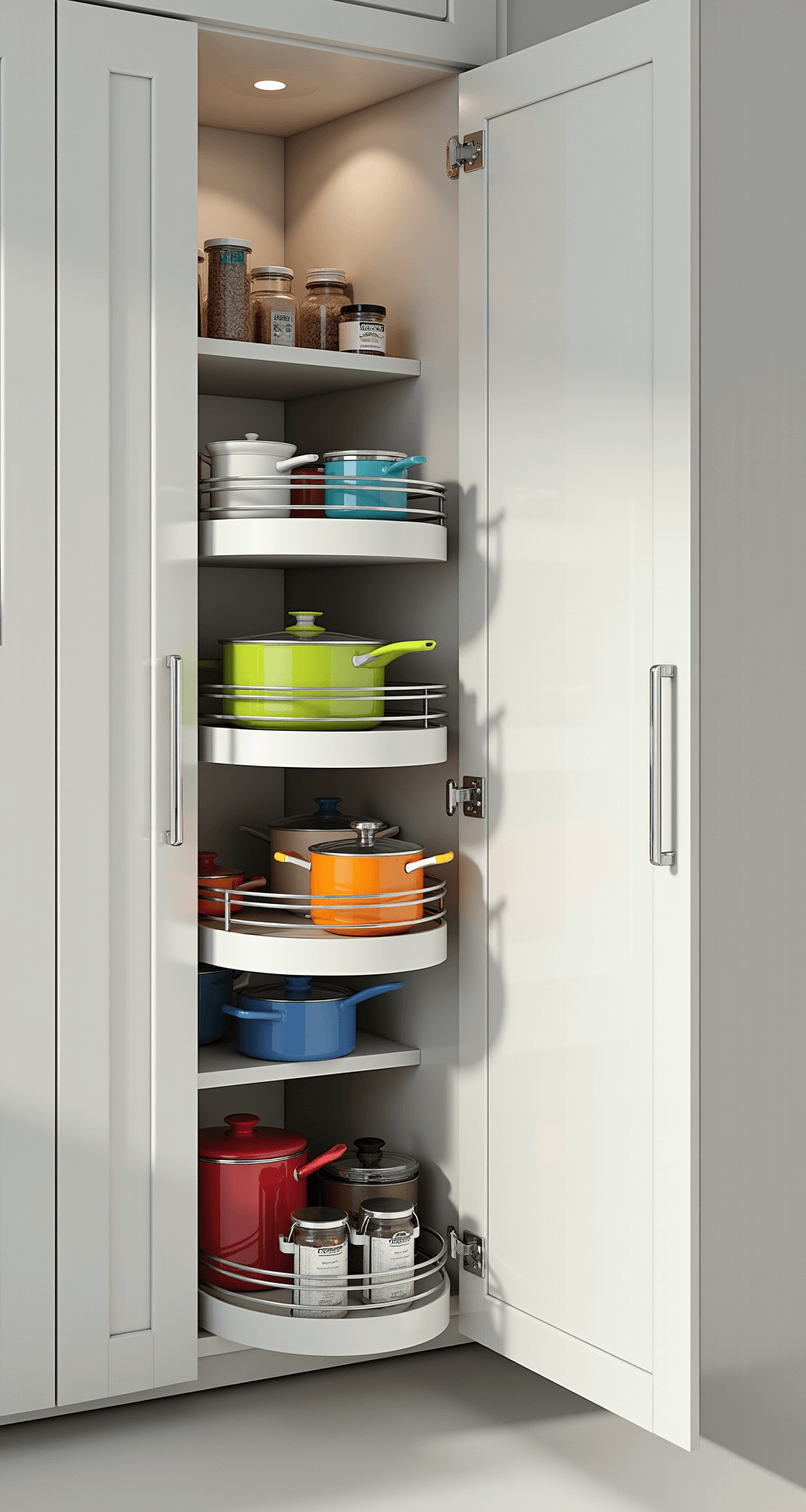 Close-up view of a 6x6ft SEKTION corner cabinet installation featuring a glossy white finish and chrome hardware, showcasing a carousel system filled with colorful cookware and spice collection, illuminated by task lighting, conveying an organized and energetic atmosphere.