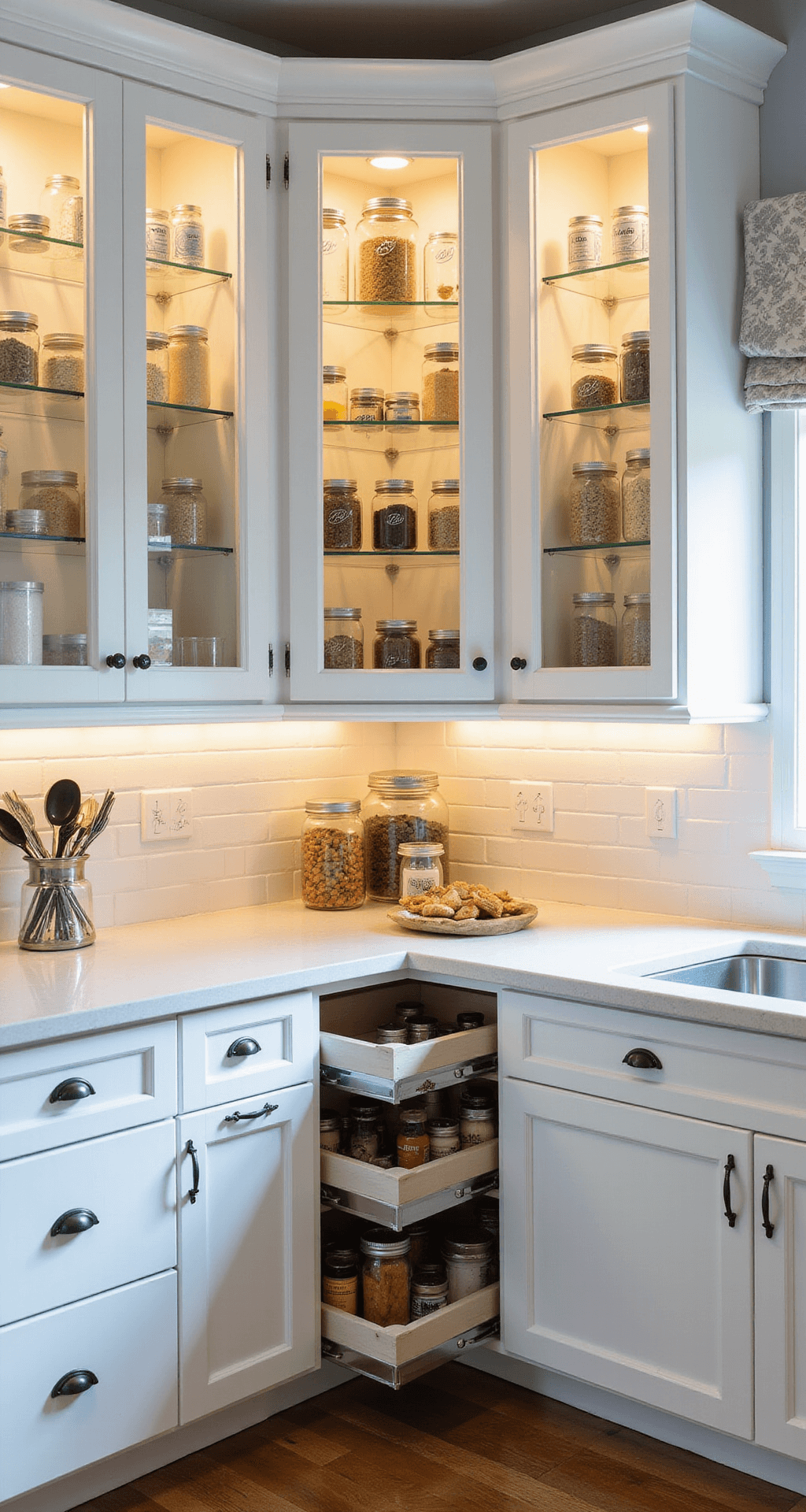 A bright, modern kitchen featuring white shaker cabinets with glass fronts, illuminated interior cabinets displaying neatly organized clear storage containers, and chrome pull-out organizers showcasing cooking tools. The decor includes printed labels and matching mason jars, all in a warm color palette with strategic negative space.