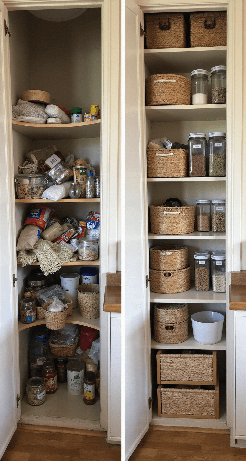 Before-and-after split image of an 8ft tall pantry cabinet; left side shows chaotic overflow of items, while the right side displays organized shelves with woven baskets, tiered lazy susans, and labeled containers in natural wood, cream, and sage green accents. Late afternoon light streams through a window, highlighting the transformation with textural elements of seagrass, glass, and bamboo.