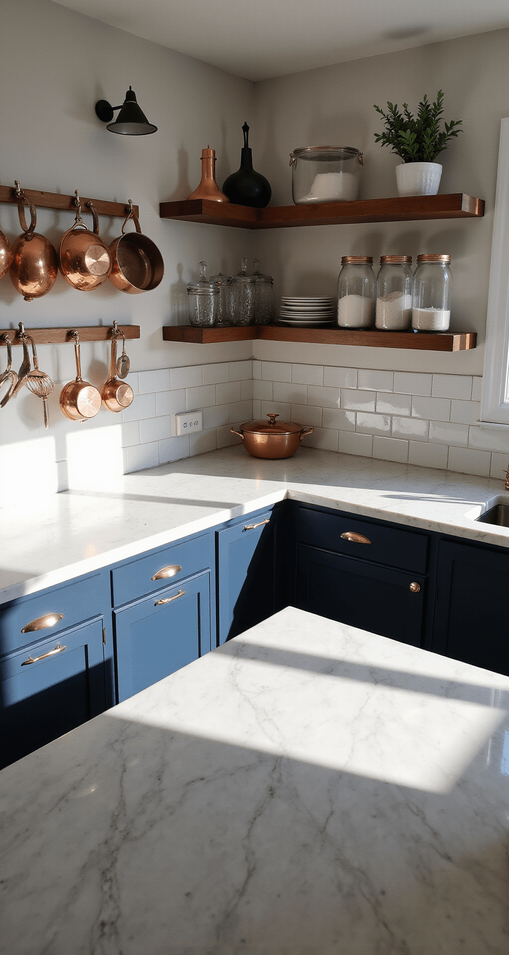 Bird's eye view of an L-shaped kitchen featuring distinct functional areas: a cooking zone with copper pots on a wall rack, a baking zone with matching canisters, and a beverage station with organized glassware, all bathed in warm morning light that creates dramatic shadows. The kitchen showcases polished copper, glass, and marble counters, with deep navy cabinets.