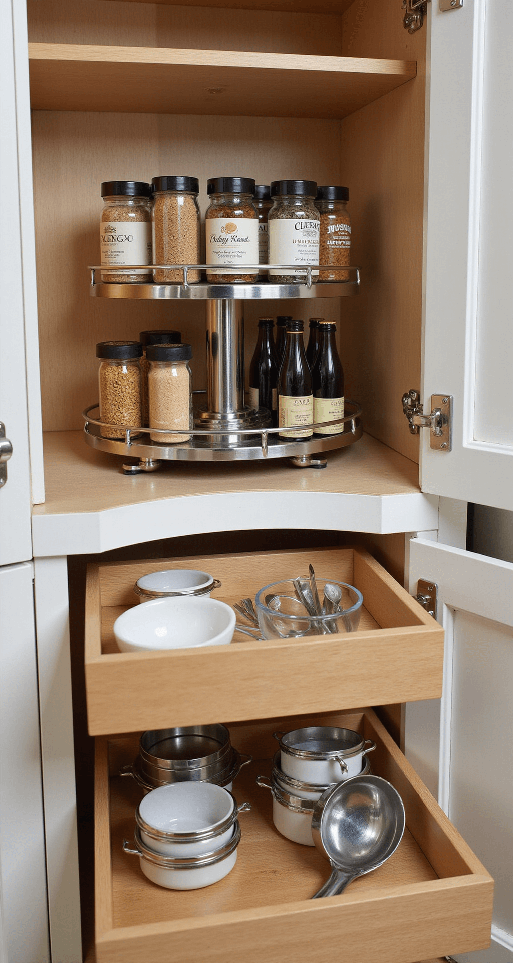 Close-up shot of a corner cabinet interior featuring a double-tiered lazy susan with neatly arranged spice jars and cooking oils, surrounded by pull-out drawers containing nested measuring cups and prep bowls, all illuminated by soft afternoon light. The design showcases smooth-glide metal hardware, clear glass, and bamboo organizers in warm wood tones and silver metallics.