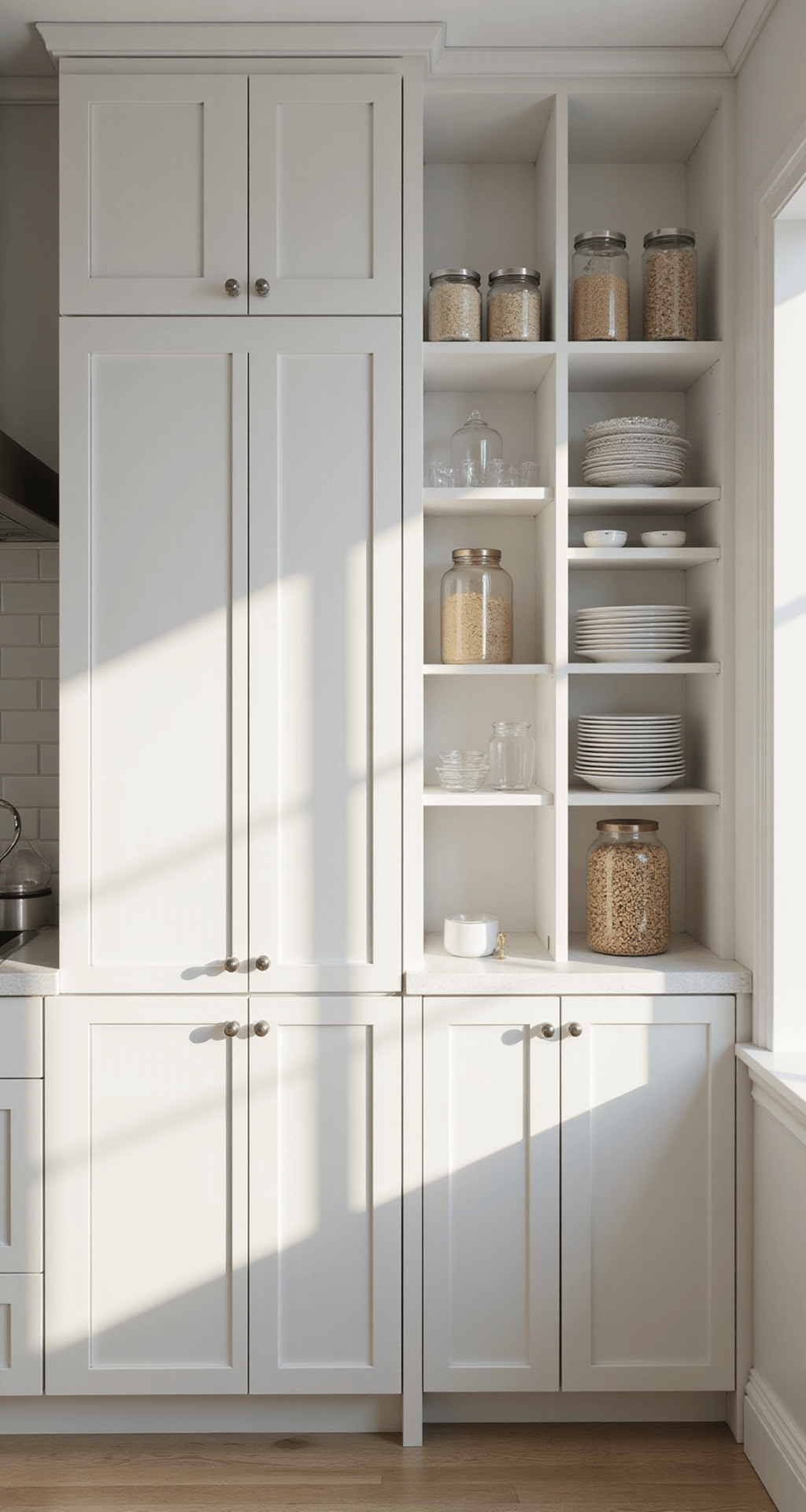 A wide shot of a minimalist kitchen wall at dawn, showcasing floor-to-ceiling white cabinets arranged with clear containers and matching labels, emphasizing negative space and visual rhythm, illuminated by soft natural light.