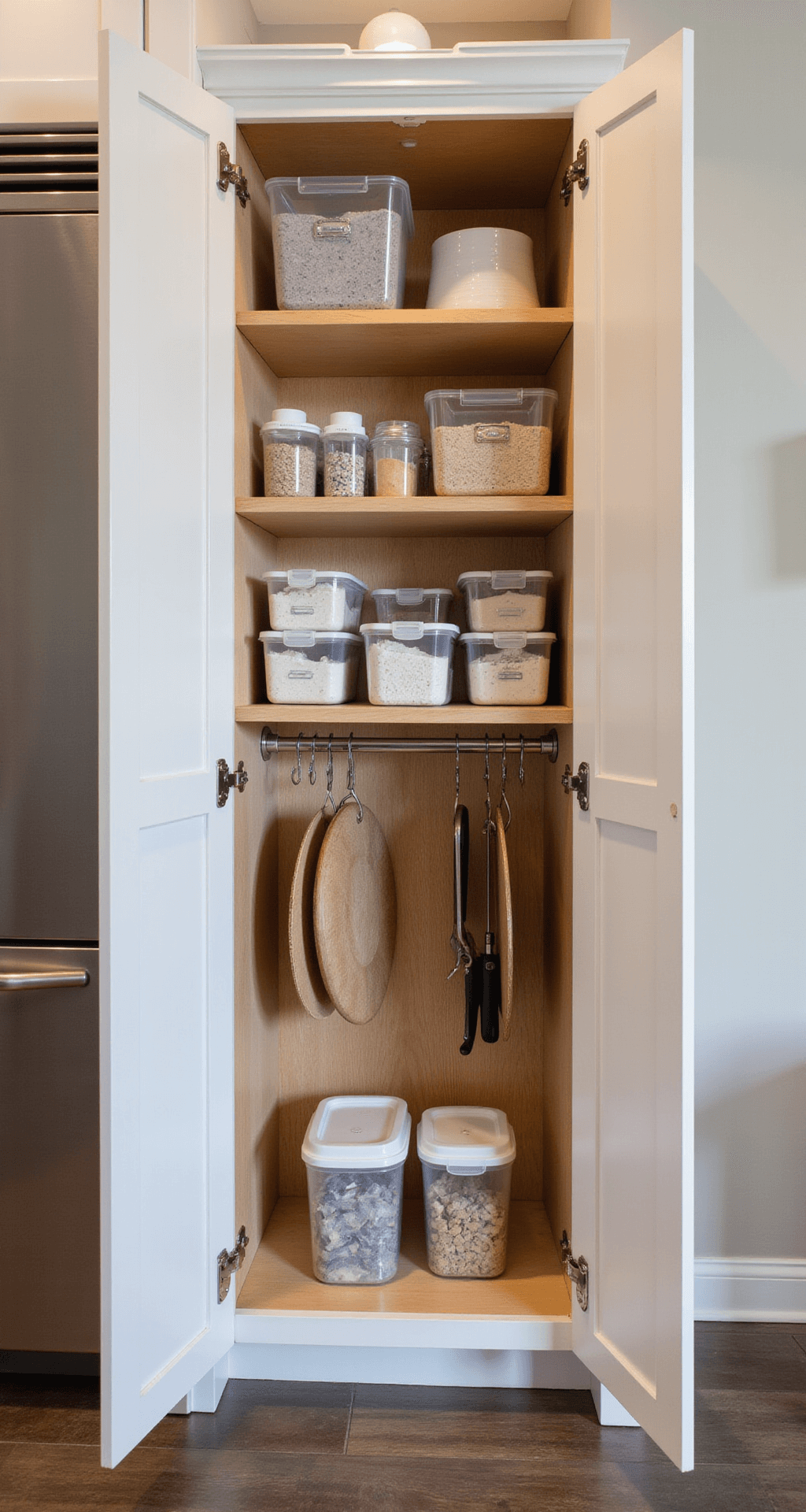 Detail shot of a 7ft tall cabinet interior showcasing vertical storage solutions with custom shelves, mounted organizers, clear containers, and hanging systems for cutting boards and bakeware, illuminated by midday light and cabinet lights, featuring warm whites, gray, and natural wood tones.