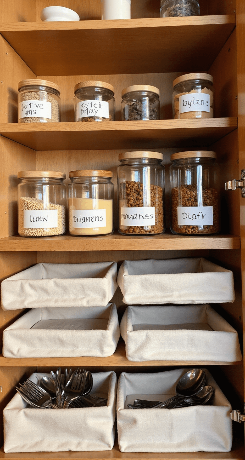 Intimate view of a beautifully organized cabinet at golden hour, showcasing clear containers with modern typography labels, bamboo drawer organizers for utensils, and shelf risers, all in warm wood tones with white and black accents.