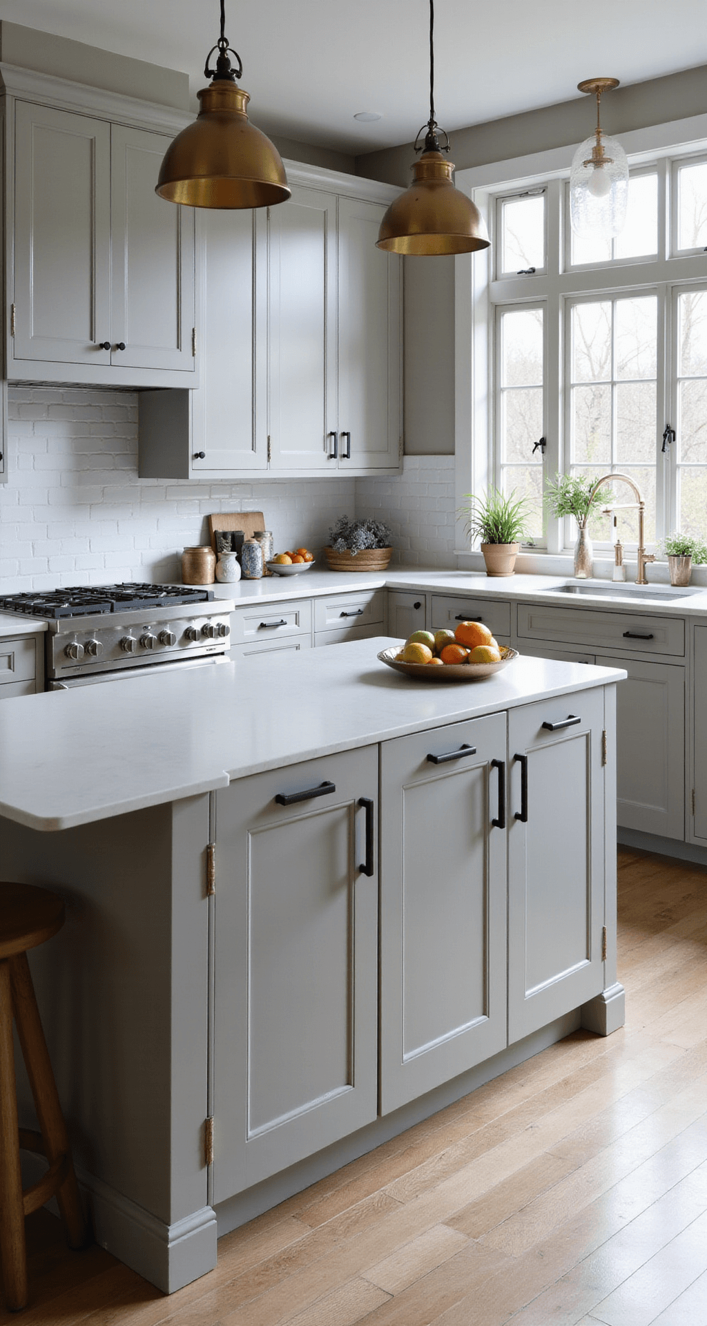 Grey Cabinets Kitchen: Your Ultimate Design Sanctuary A spacious modern kitchen with dove grey shaker cabinets, a white quartz waterfall island, and brushed brass pendant lights, featuring floor-to-ceiling windows that fill the room with morning light, styled with artisanal ceramics, copper planters with fresh herbs, and a fruit bowl, all captured in high detail.