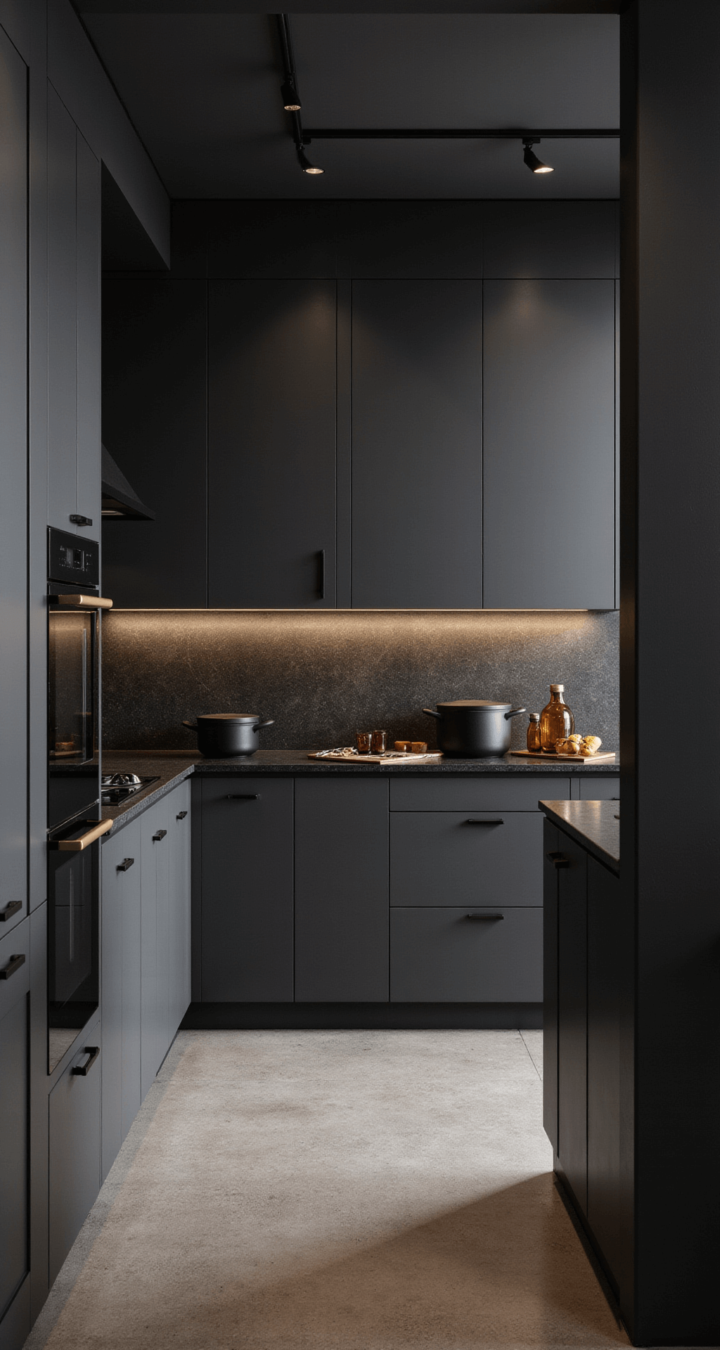A dramatic evening kitchen scene featuring charcoal grey cabinets, honed black granite countertops, and copper accents, captured from the entrance to emphasize depth and material contrasts.