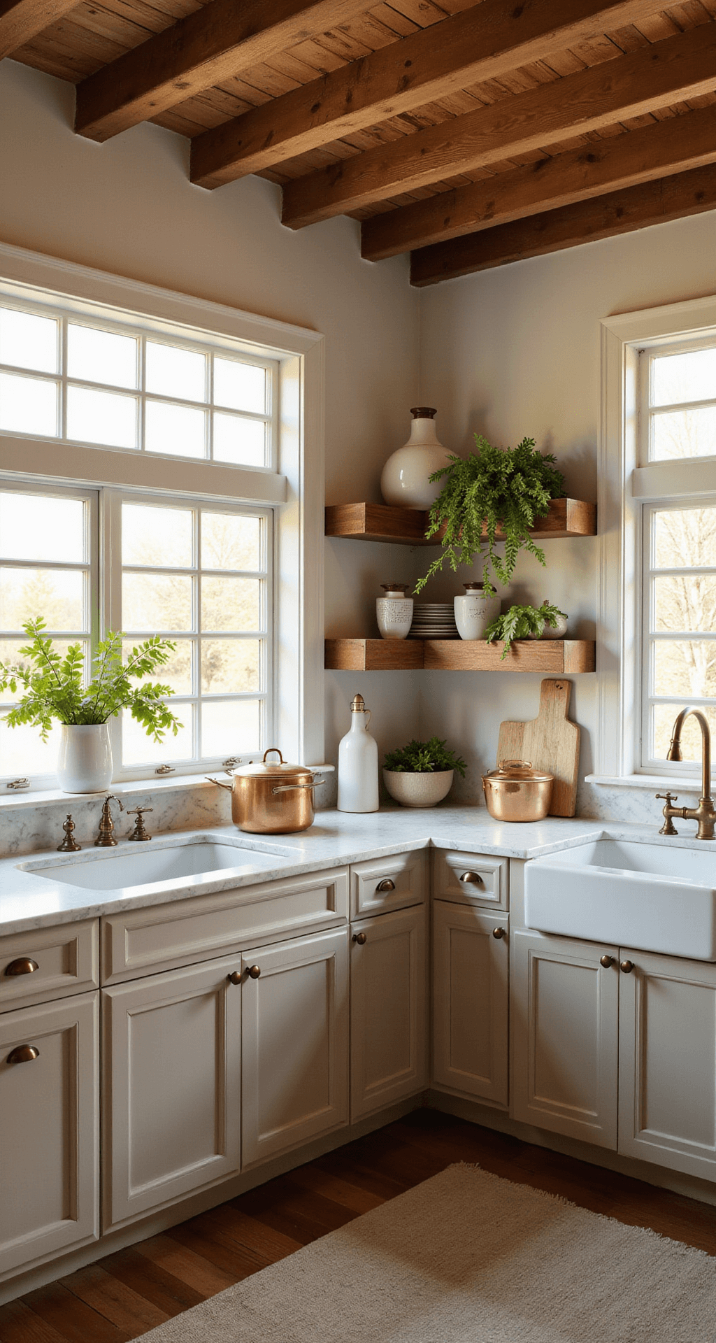 Sun-drenched kitchen featuring greige cabinets, antique brass pulls, and Carrara marble countertops, with exposed wooden beams and reclaimed wood shelving, styled with vintage copper pots and fresh produce in warm golden hour light.