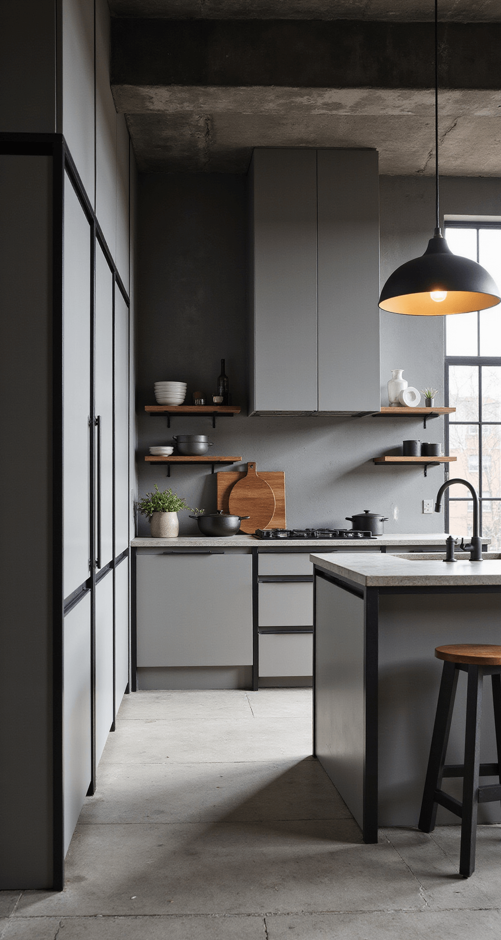 Open-concept kitchen in an industrial grey loft featuring matte grey slab cabinets, concrete countertops, and blackened steel shelving, styled with cast iron cookware and minimalist ceramics, illuminated by directional lighting that highlights the raw materials.