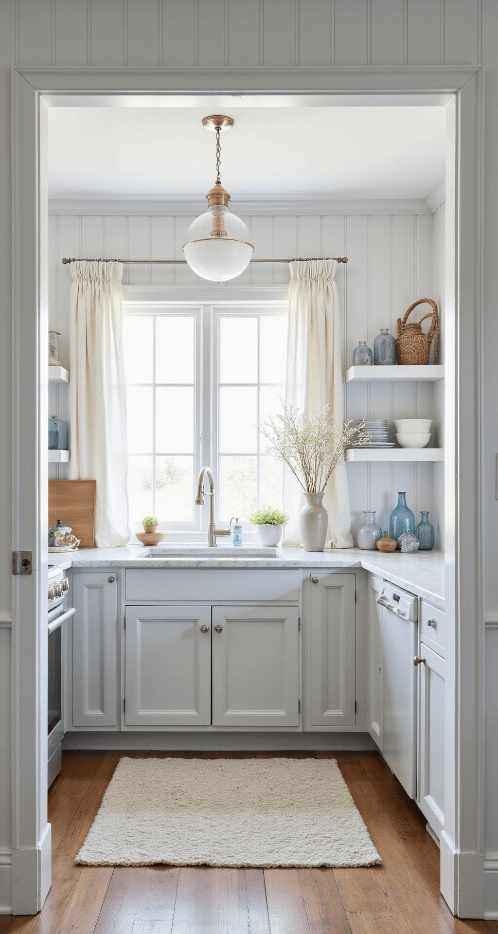 Bright kitchen featuring pale grey beadboard cabinets, white crown molding, and marble countertops with subtle grey veining. Styled with blue-grey glassware and coastal artifacts, illuminated by diffused natural light through gauzy curtains.
