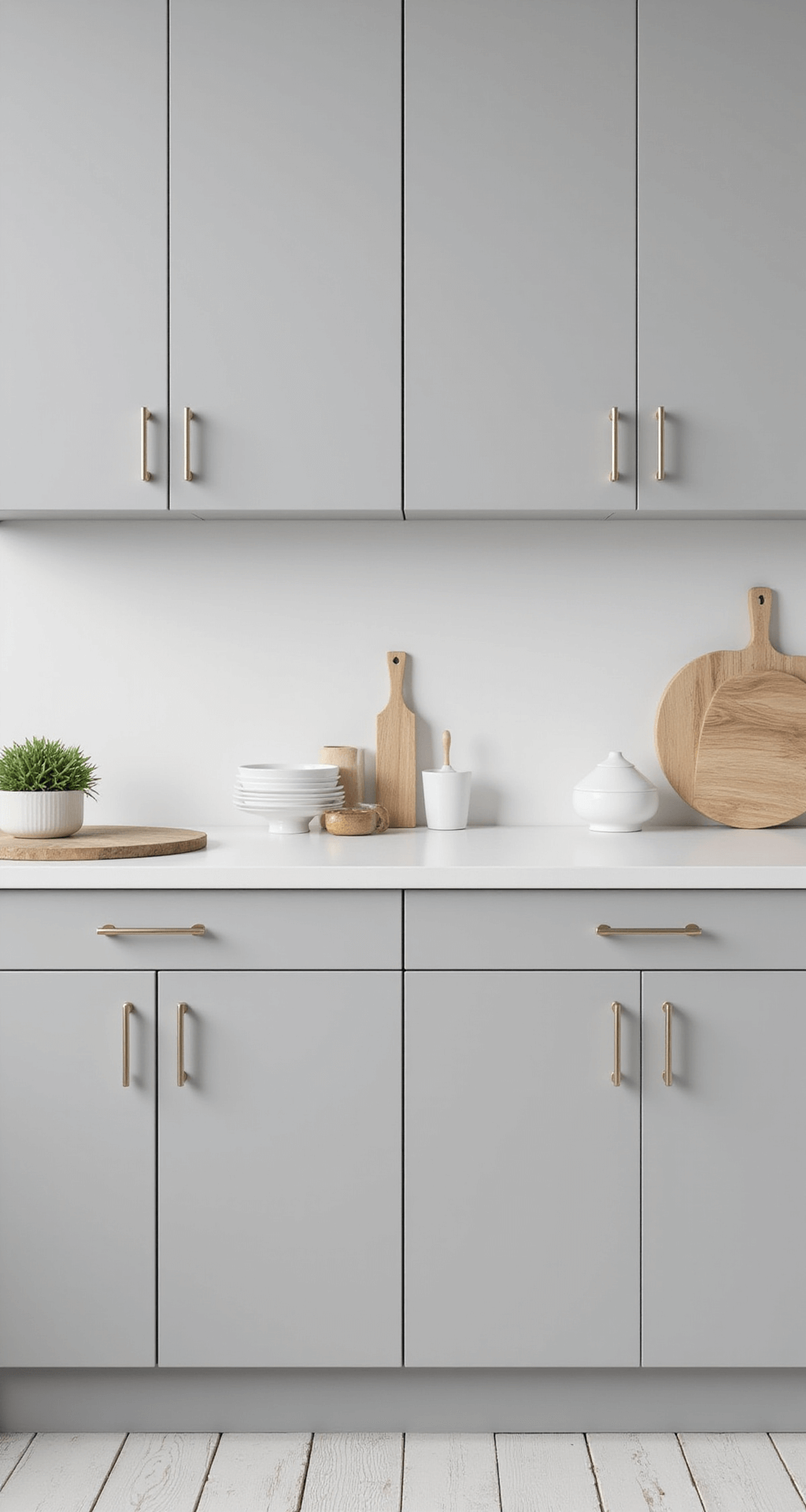 A spacious, minimalist kitchen featuring light grey flat-panel cabinets, white solid surface countertops, and a geometric layout, adorned with pale wood accessories and a single green plant.