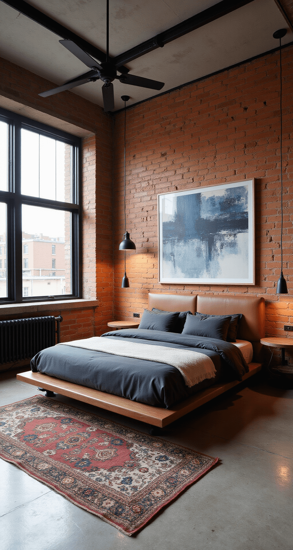 An urban loft bedroom with terracotta orange painted brick walls and industrial-style windows with black frames. A platform bed with charcoal linens and a leather headboard sits on a concrete floor covered by a vintage Persian rug. A blue and white statement art piece hangs above the bed. Asymmetric blackened steel pendant lights provide illumination, highlighting the textured brick. The scene captures a sophisticated urban aesthetic with organic warmth.